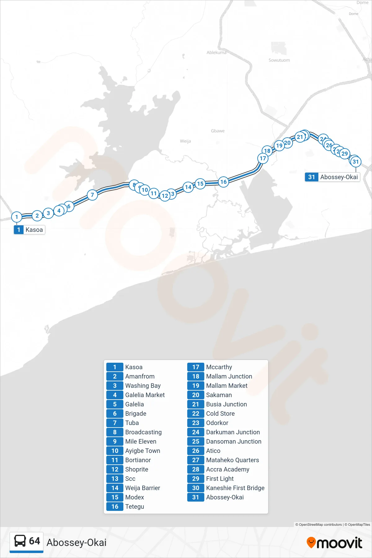 64 bus Line (Abossey-Okai) route and stops on a map
