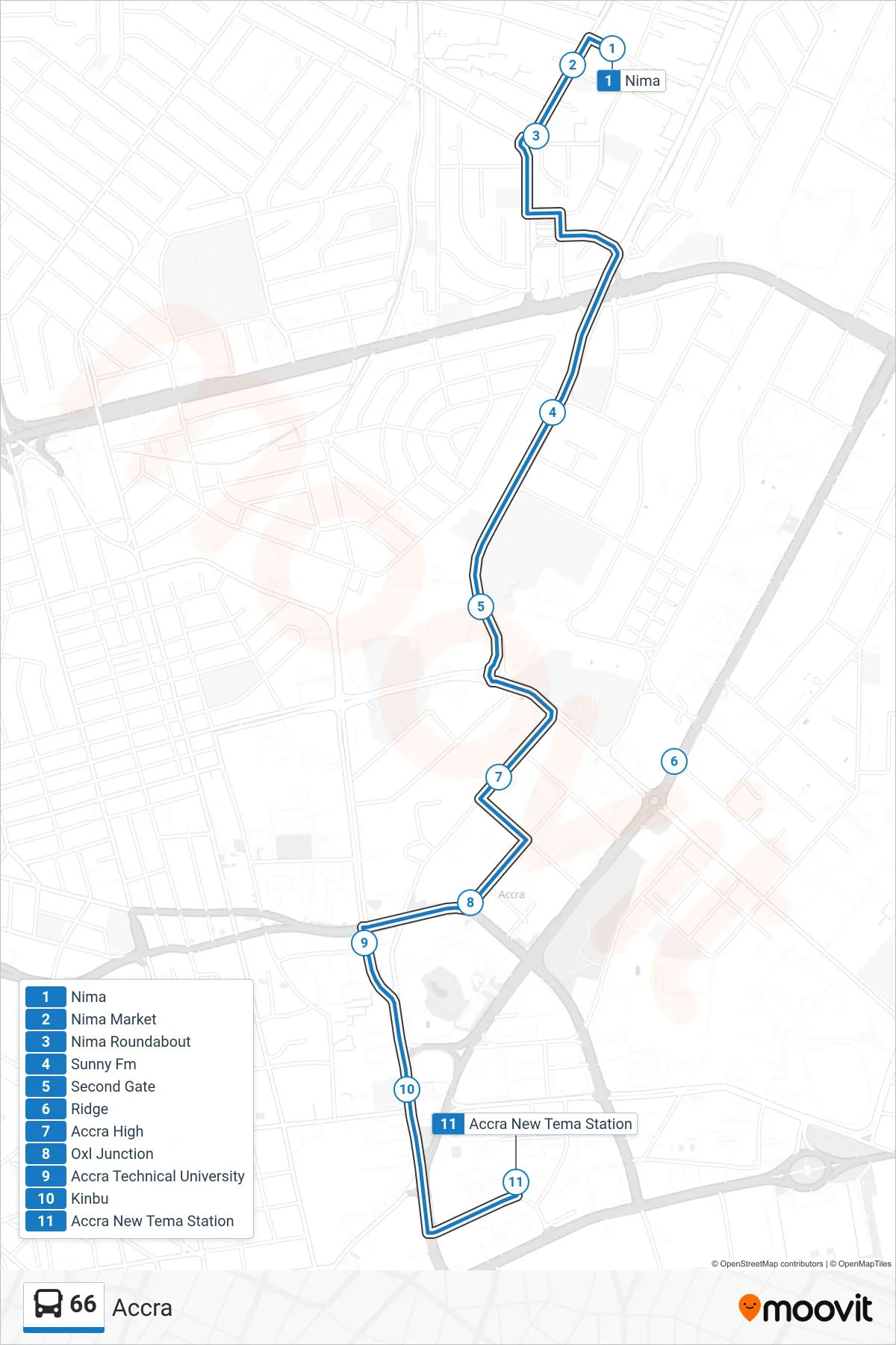 66 bus Line (Accra) route and stops on a map