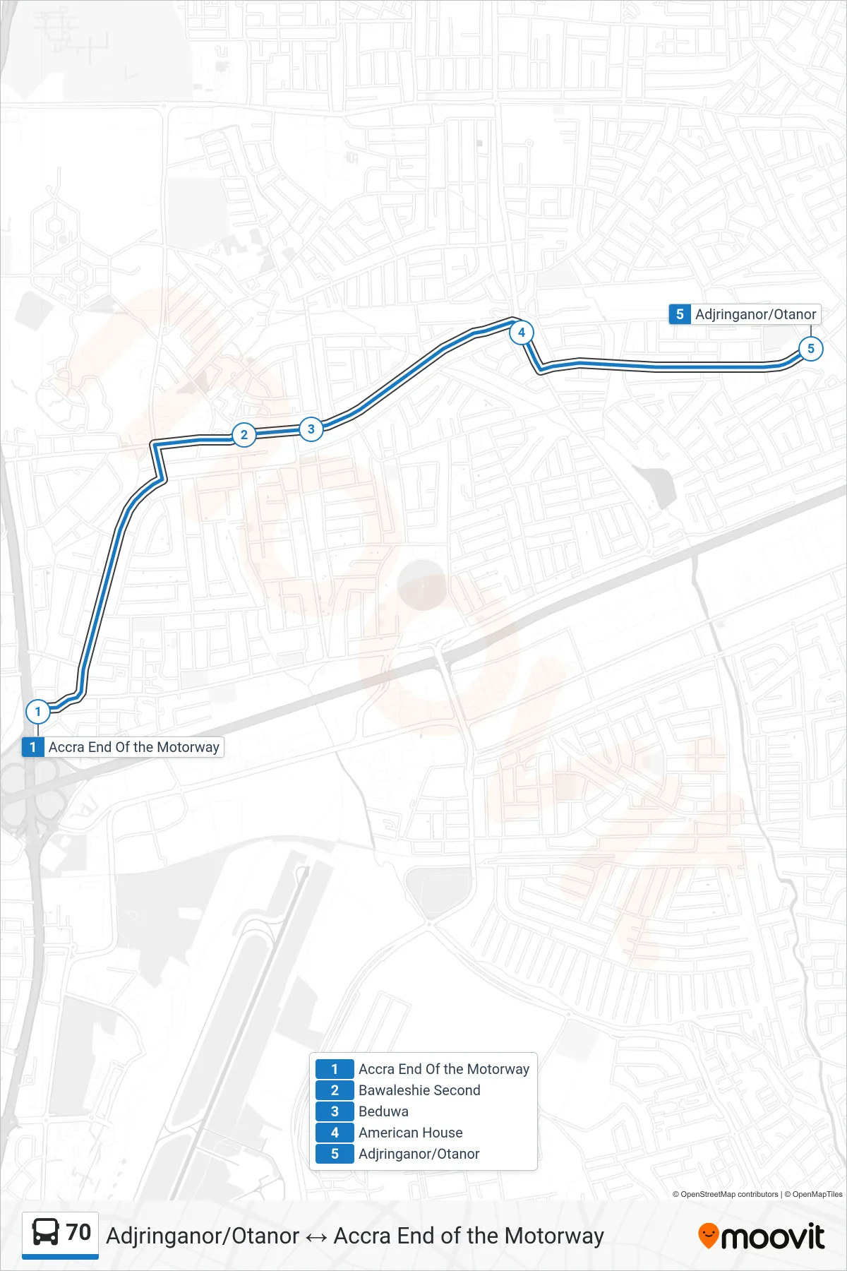 70 bus Line (Adjringanor/Otanor) route and stops on a map