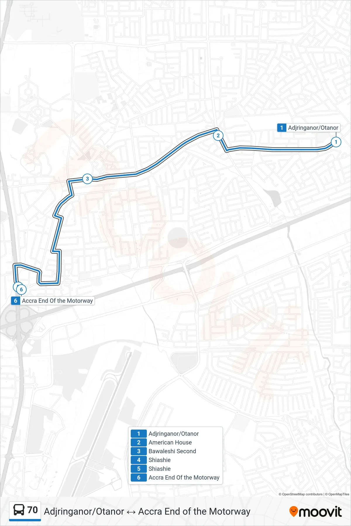 70 bus Line (Accra End Of the Motorway) route and stops on a map