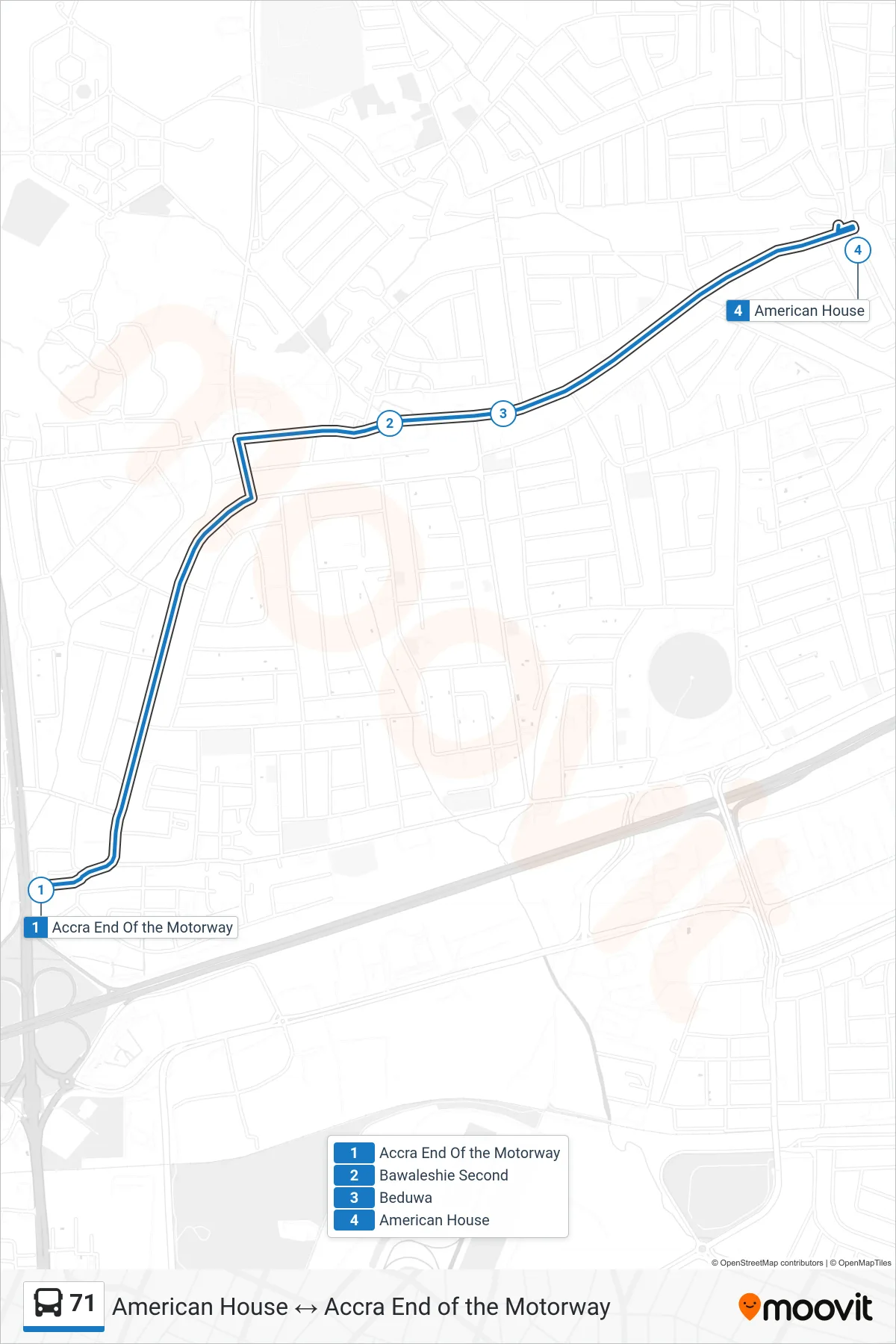 71 bus Line (American House) route and stops on a map