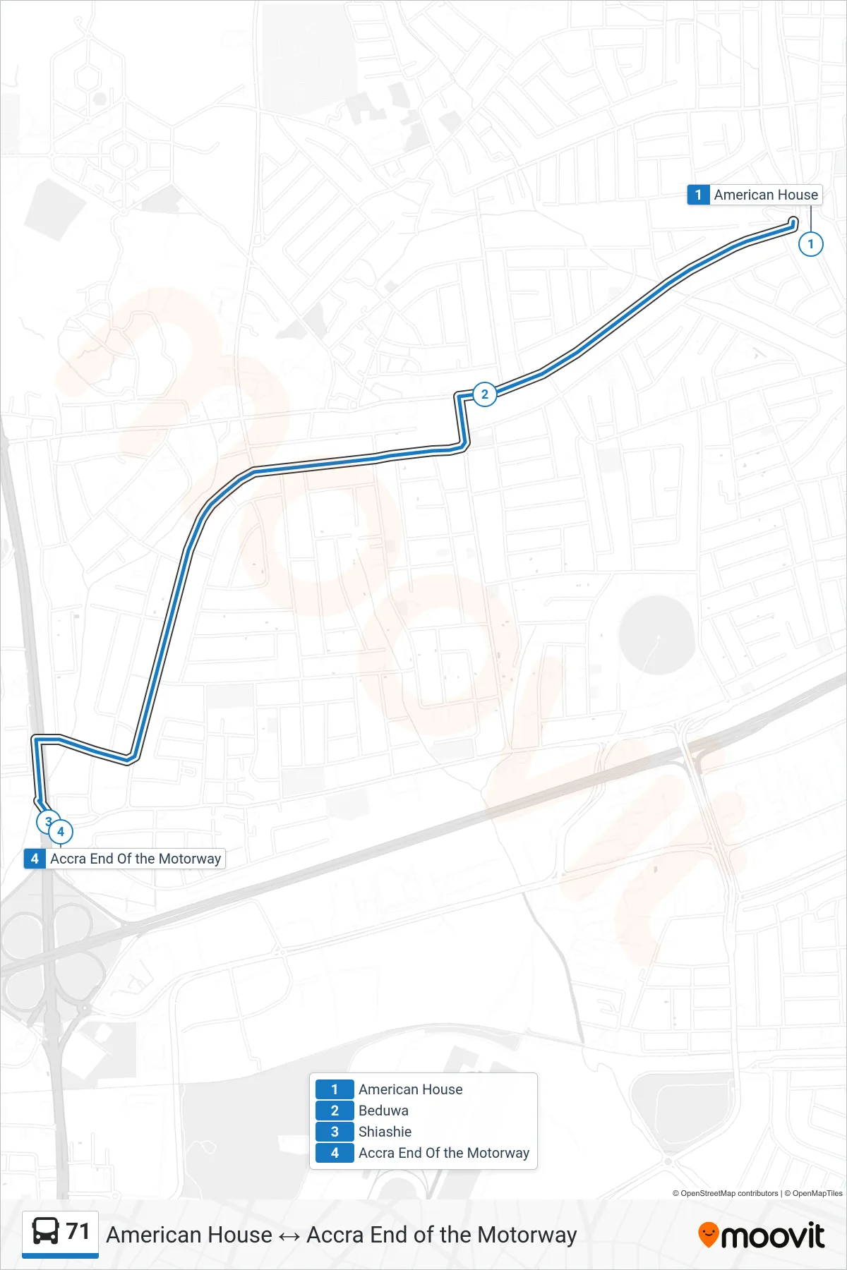 71 bus Line (Accra End Of the Motorway) route and stops on a map