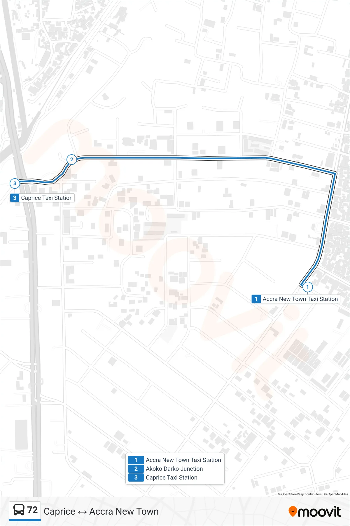 72 bus Line (Caprice) route and stops on a map