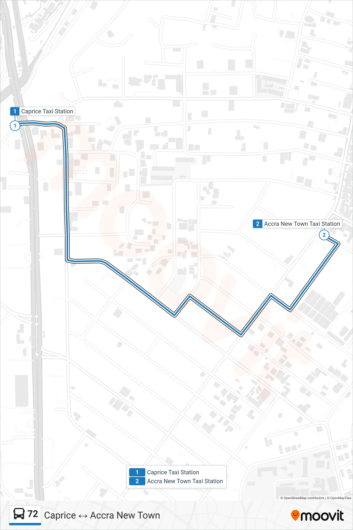 72 bus Line (Accra New Town) route and stops on a map