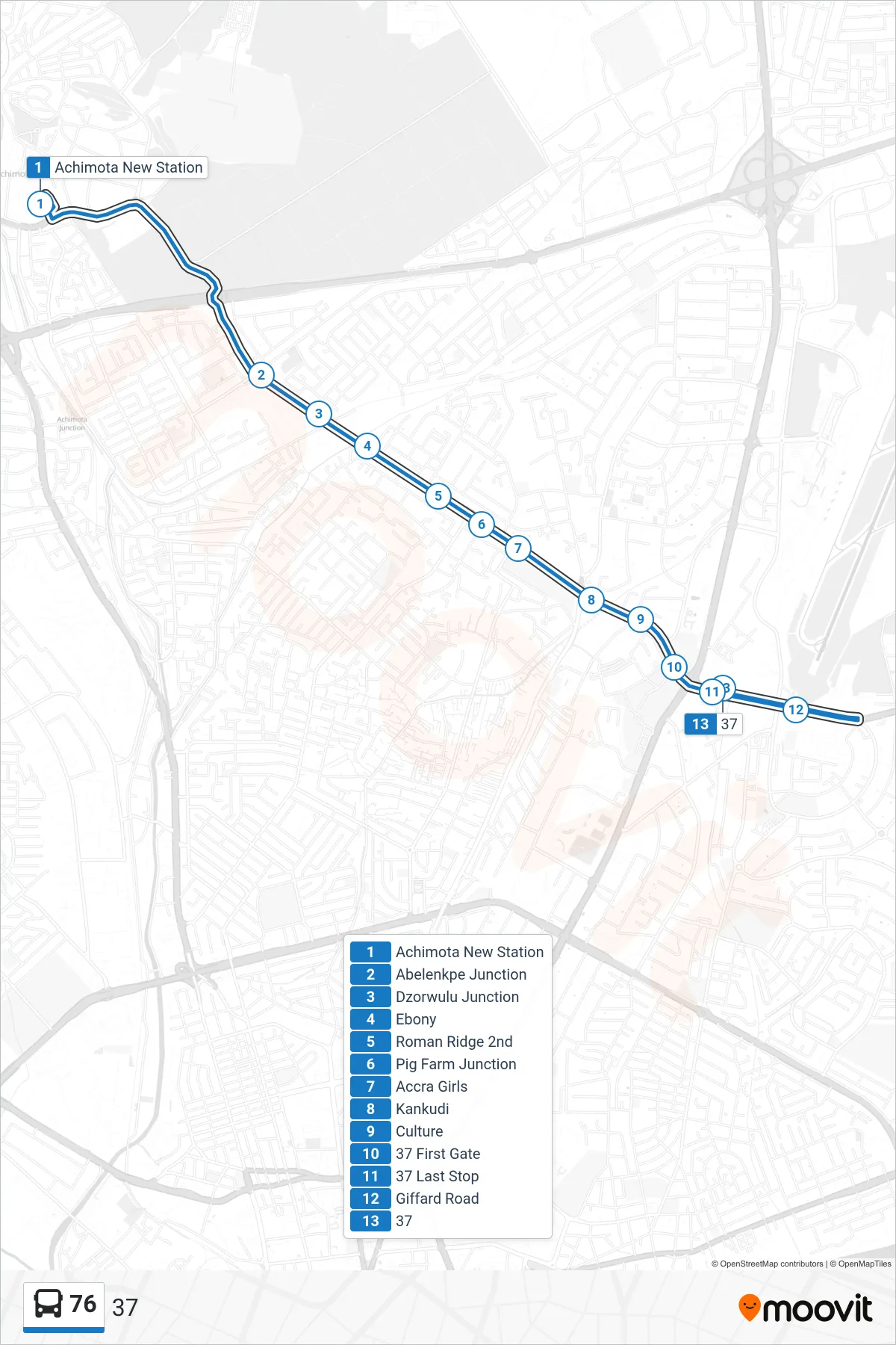 76 bus Line (37) route and stops on a map