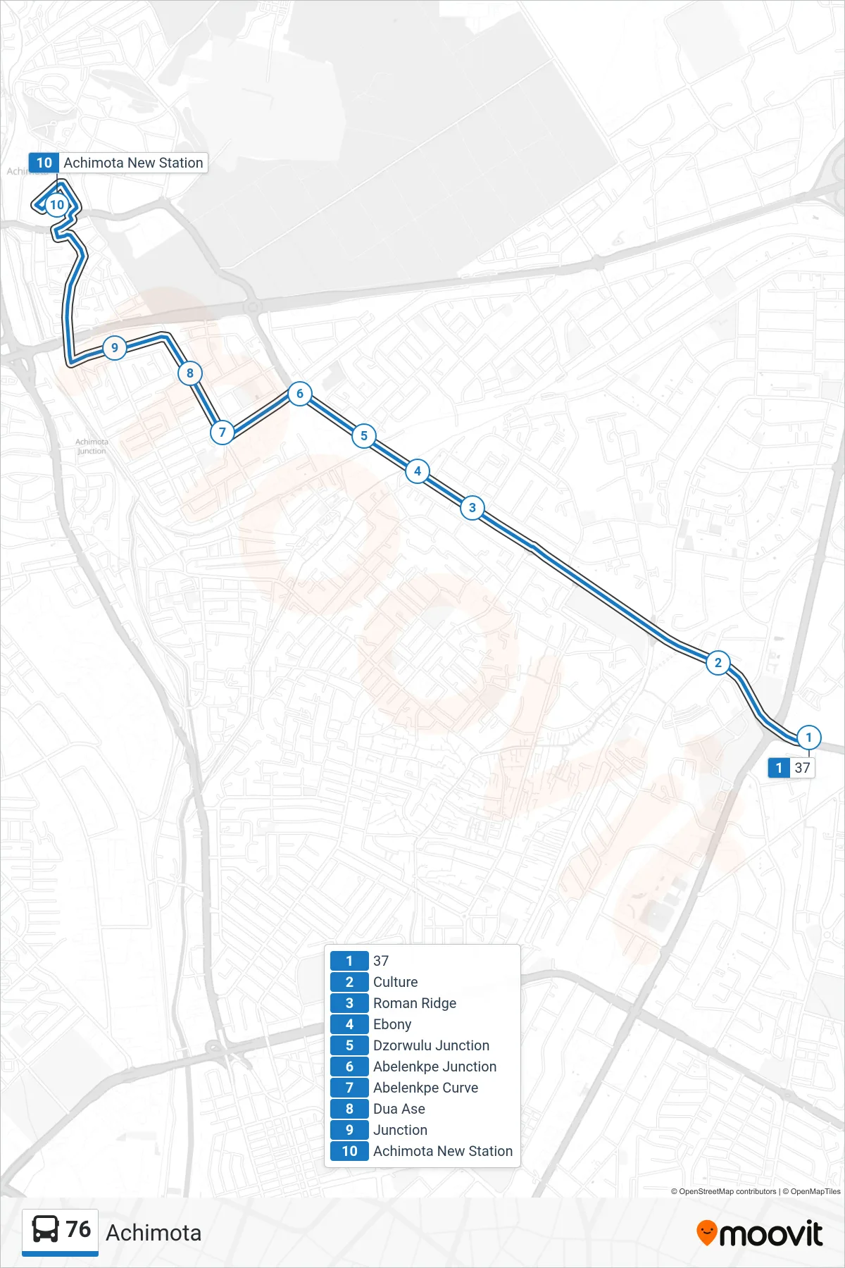 76 bus Line (Achimota) route and stops on a map