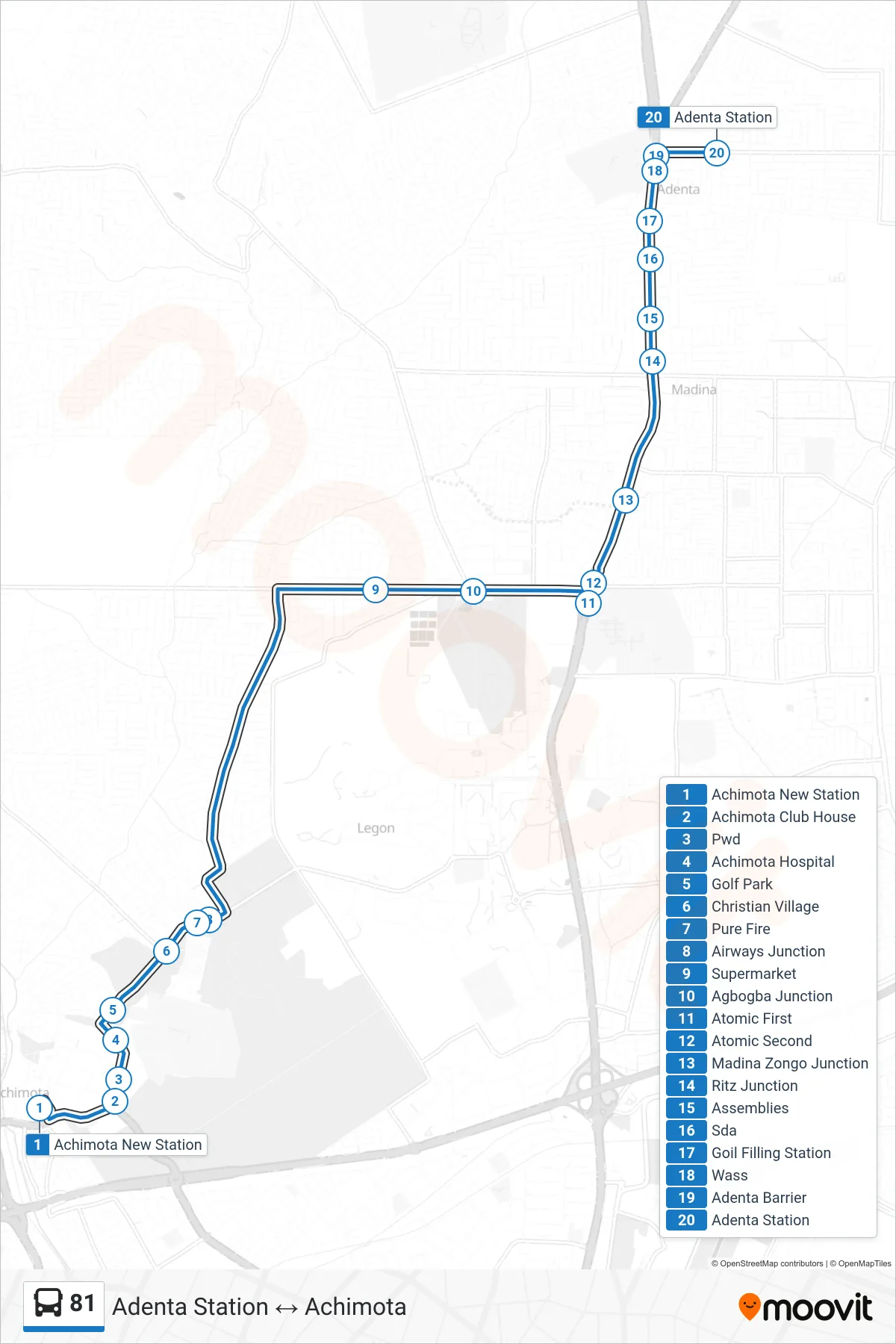 81 bus Line (Adenta Station) route and stops on a map
