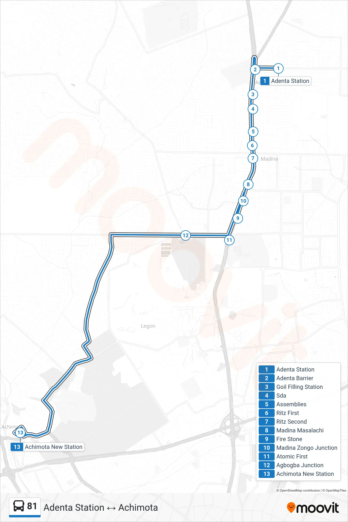 81 bus Line (Achimota) route and stops on a map