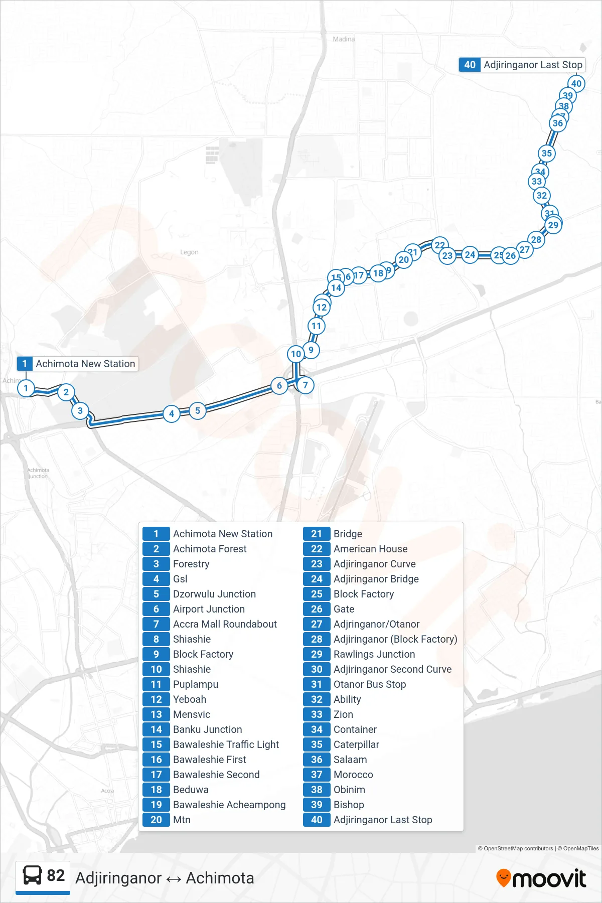 82 bus Line (Adjiringanor) route and stops on a map