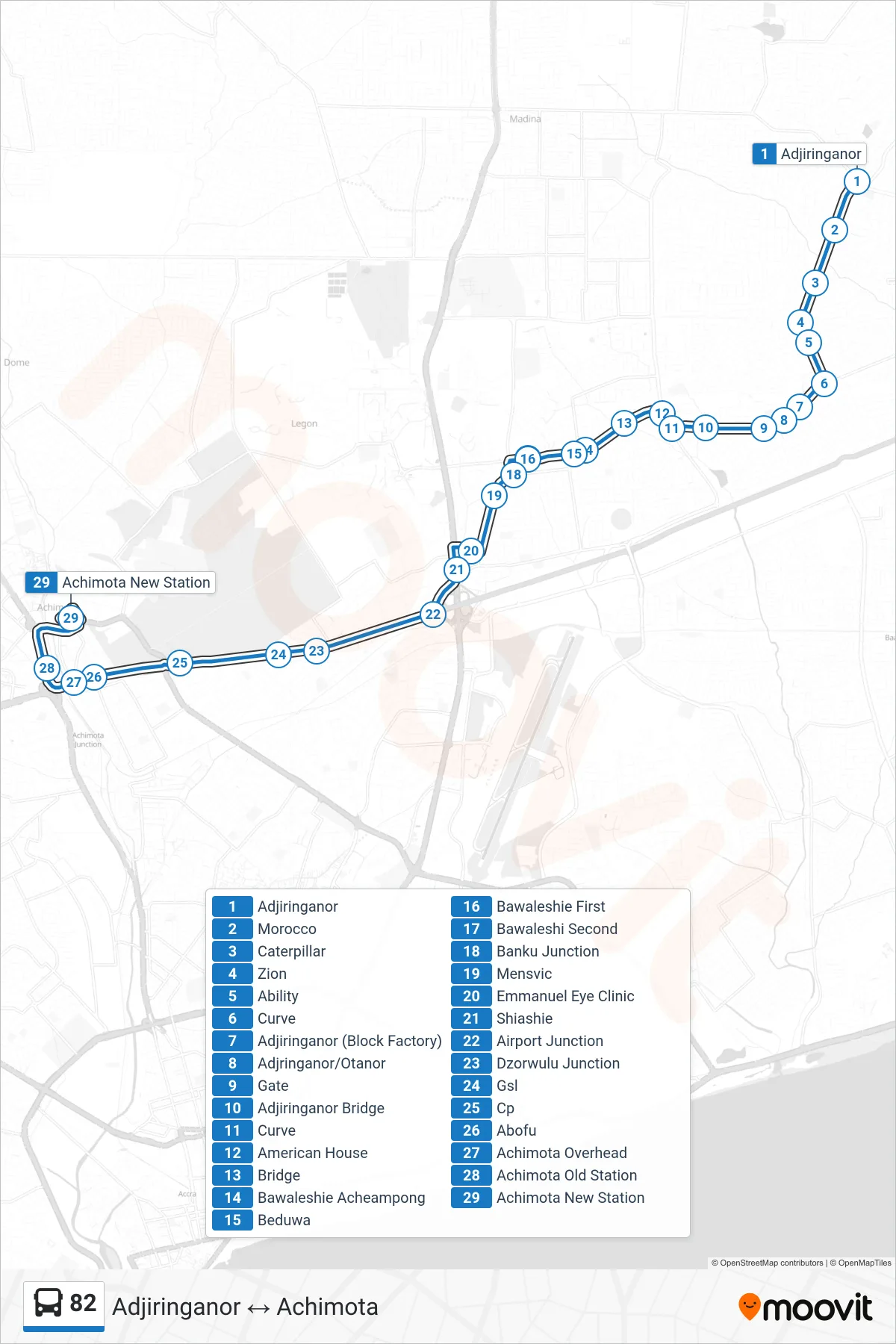 82 bus Line (Achimota) route and stops on a map
