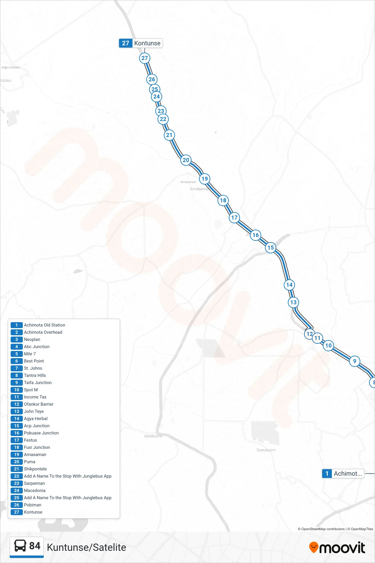 84 bus Line (Kuntunse/Satelite) route and stops on a map
