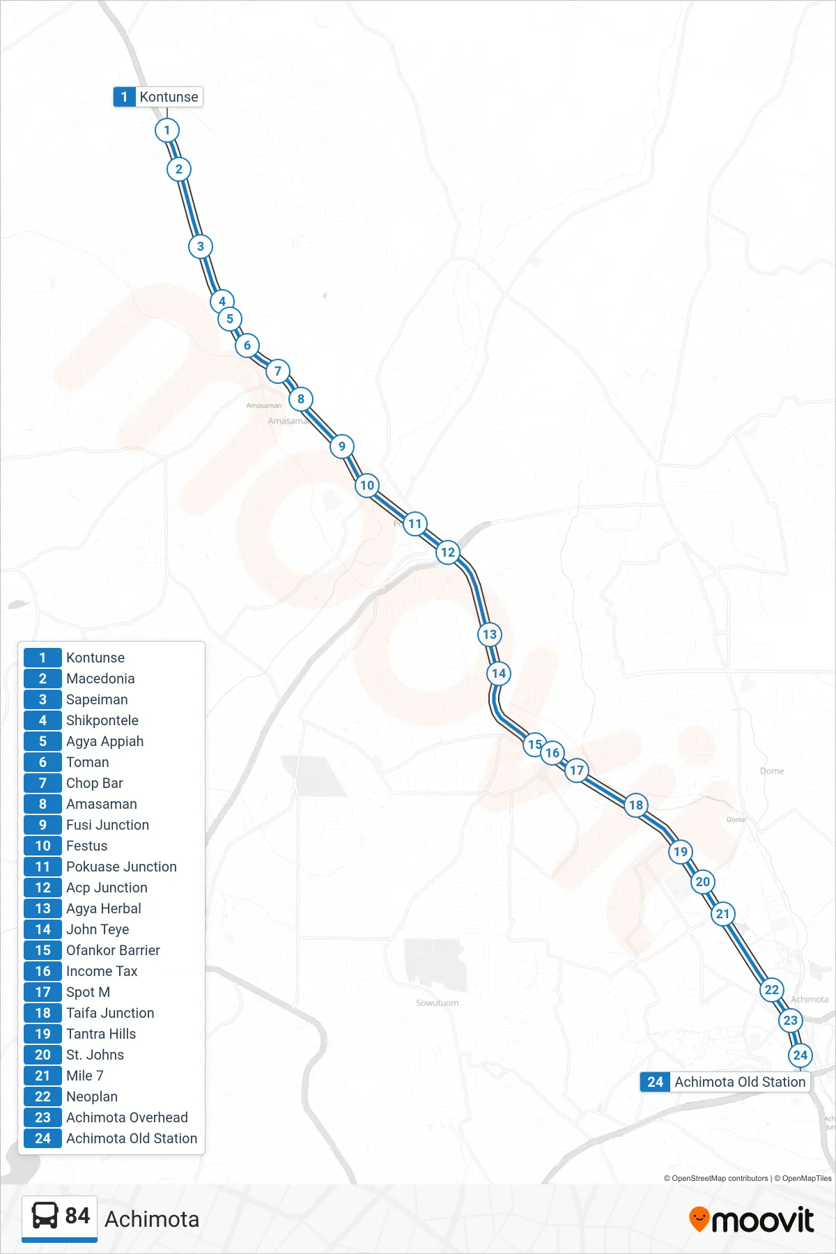 84 bus Line (Achimota) route and stops on a map
