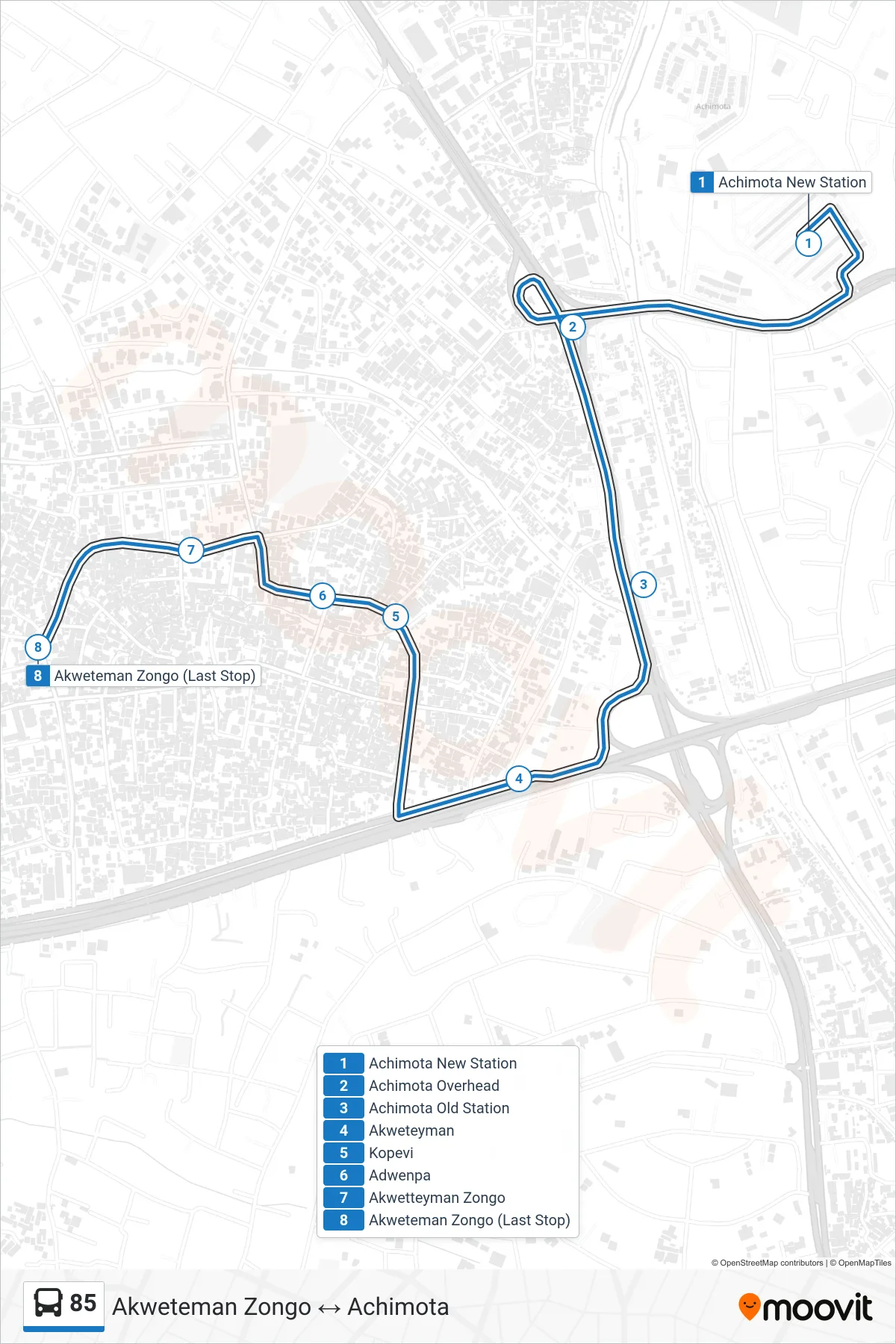 85 bus Line (Akweteman Zongo) route and stops on a map