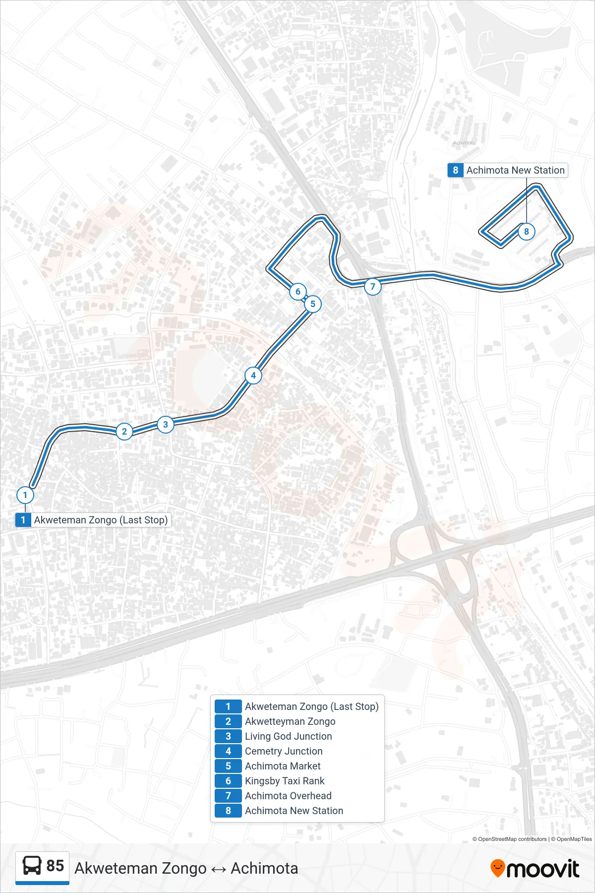 85 bus Line (Achimota) route and stops on a map