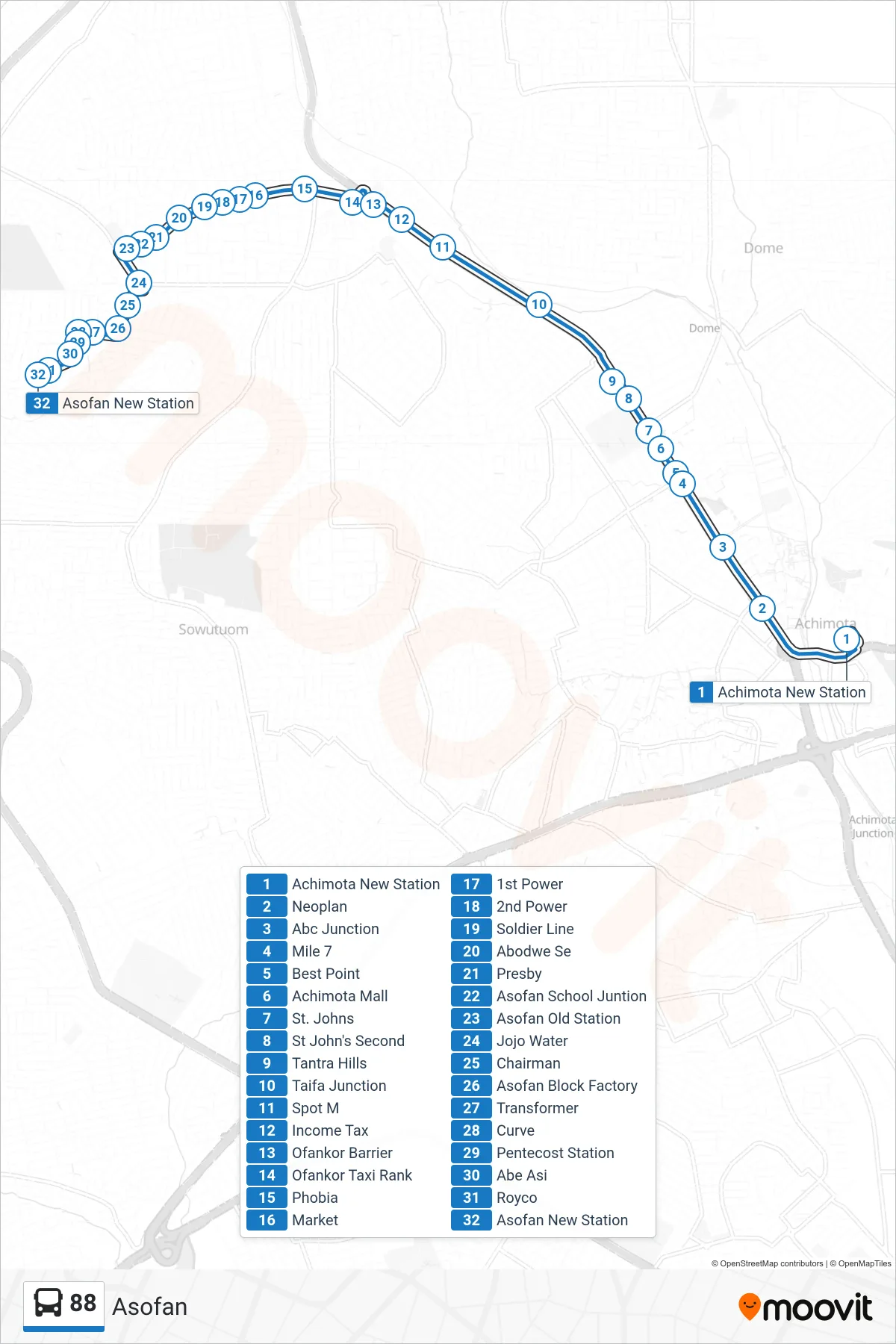 88 bus Line (Asofan) route and stops on a map