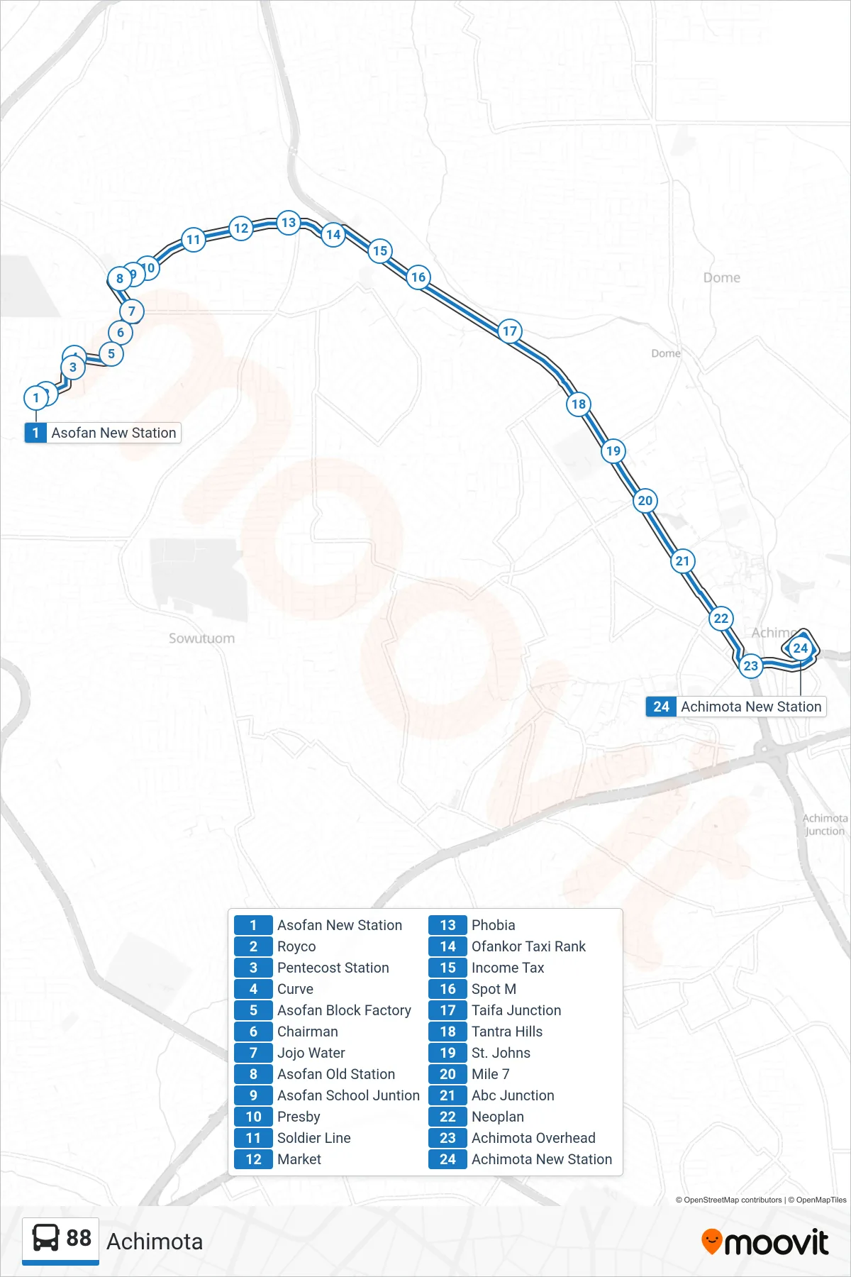 88 bus Line (Achimota) route and stops on a map