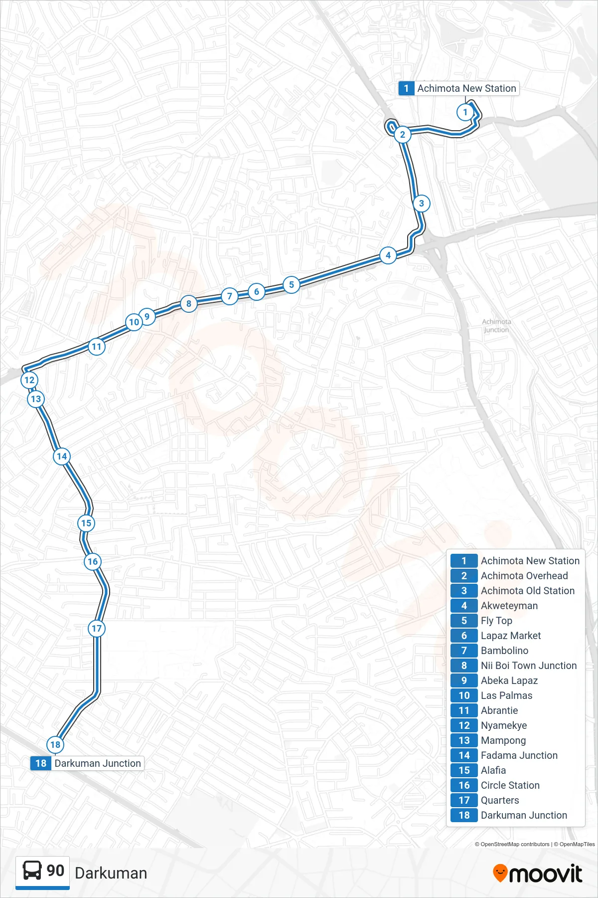 90 bus Line (Darkuman) route and stops on a map