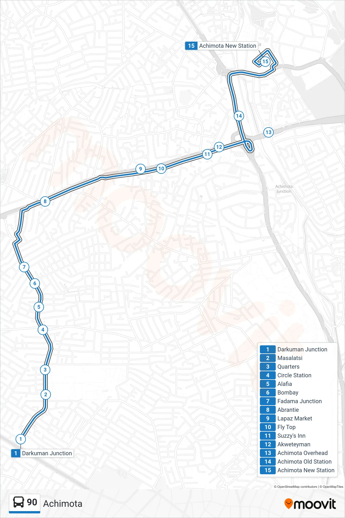 90 bus Line (Achimota) route and stops on a map