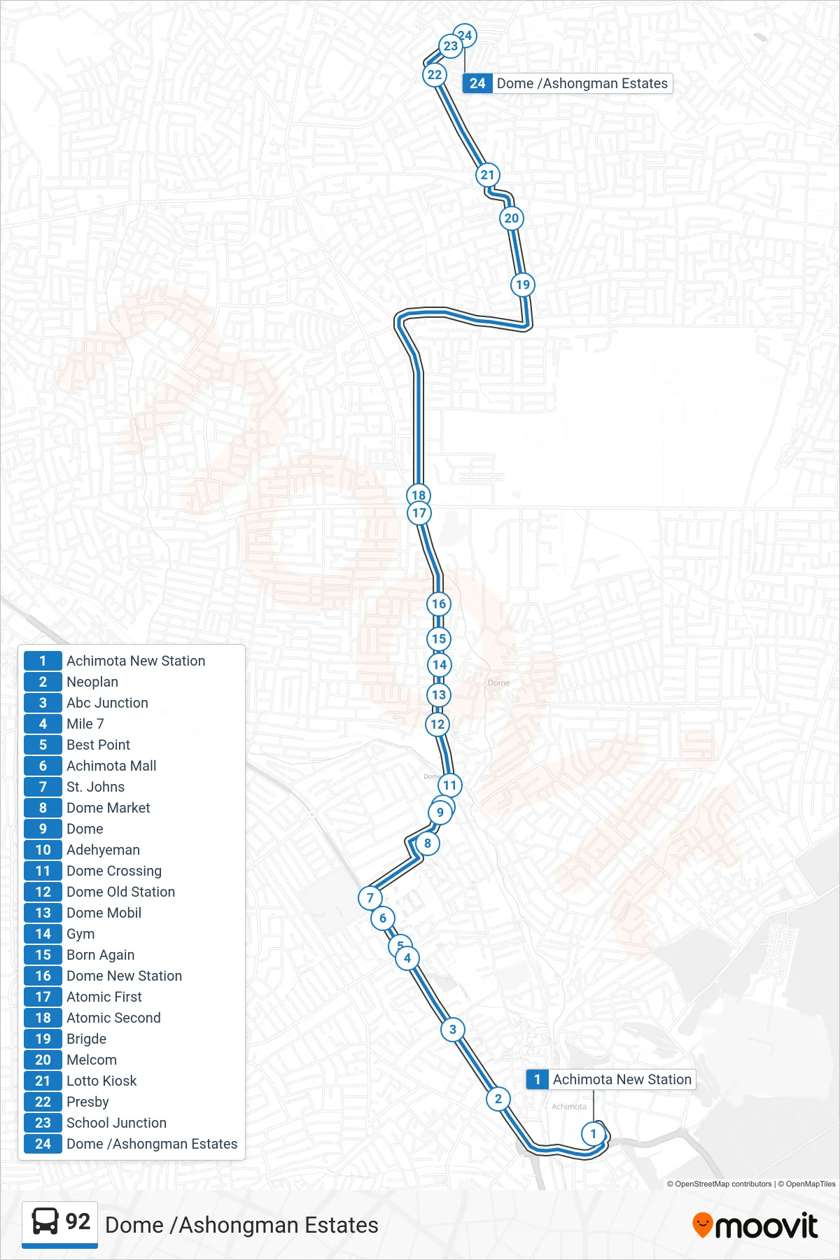 92 bus Line (Dome /Ashongman Estates) route and stops on a map