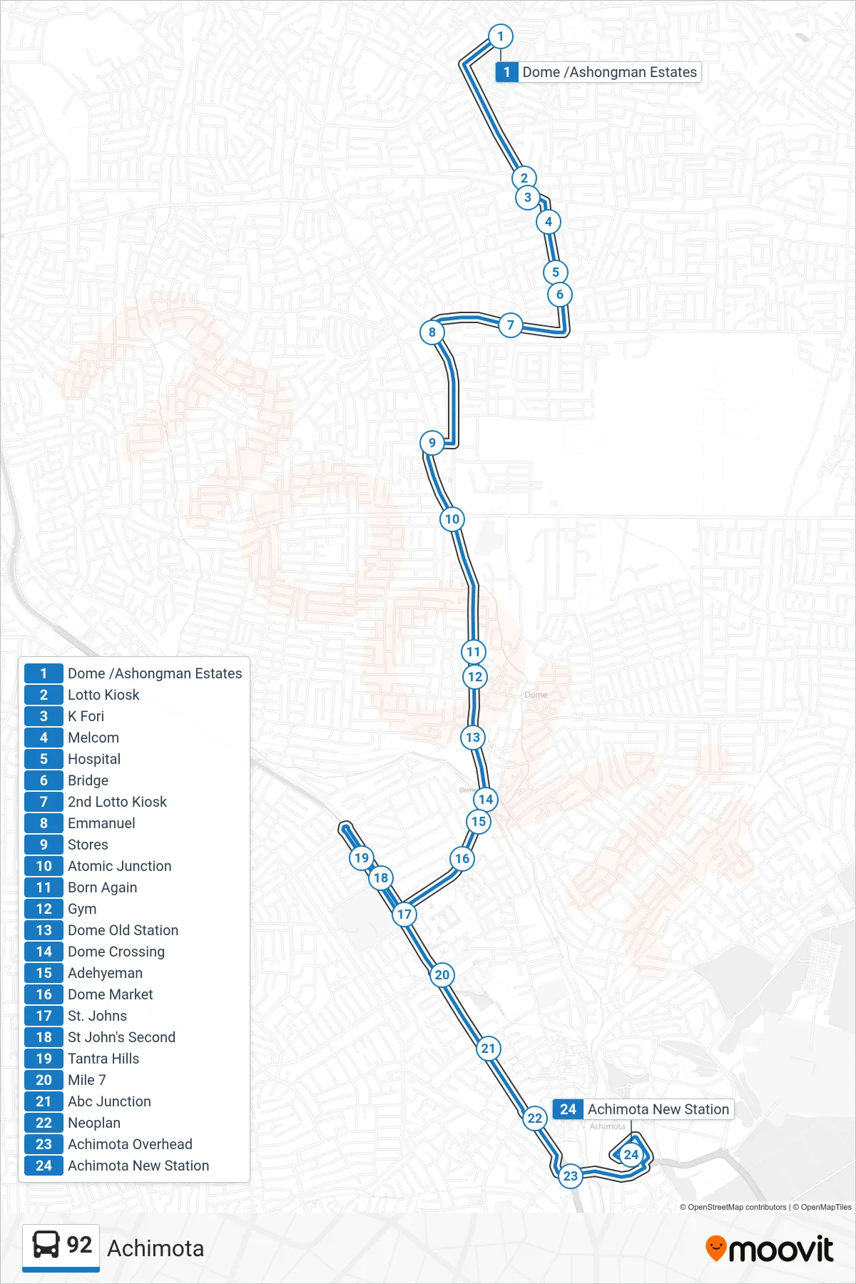 92 bus Line (Achimota) route and stops on a map
