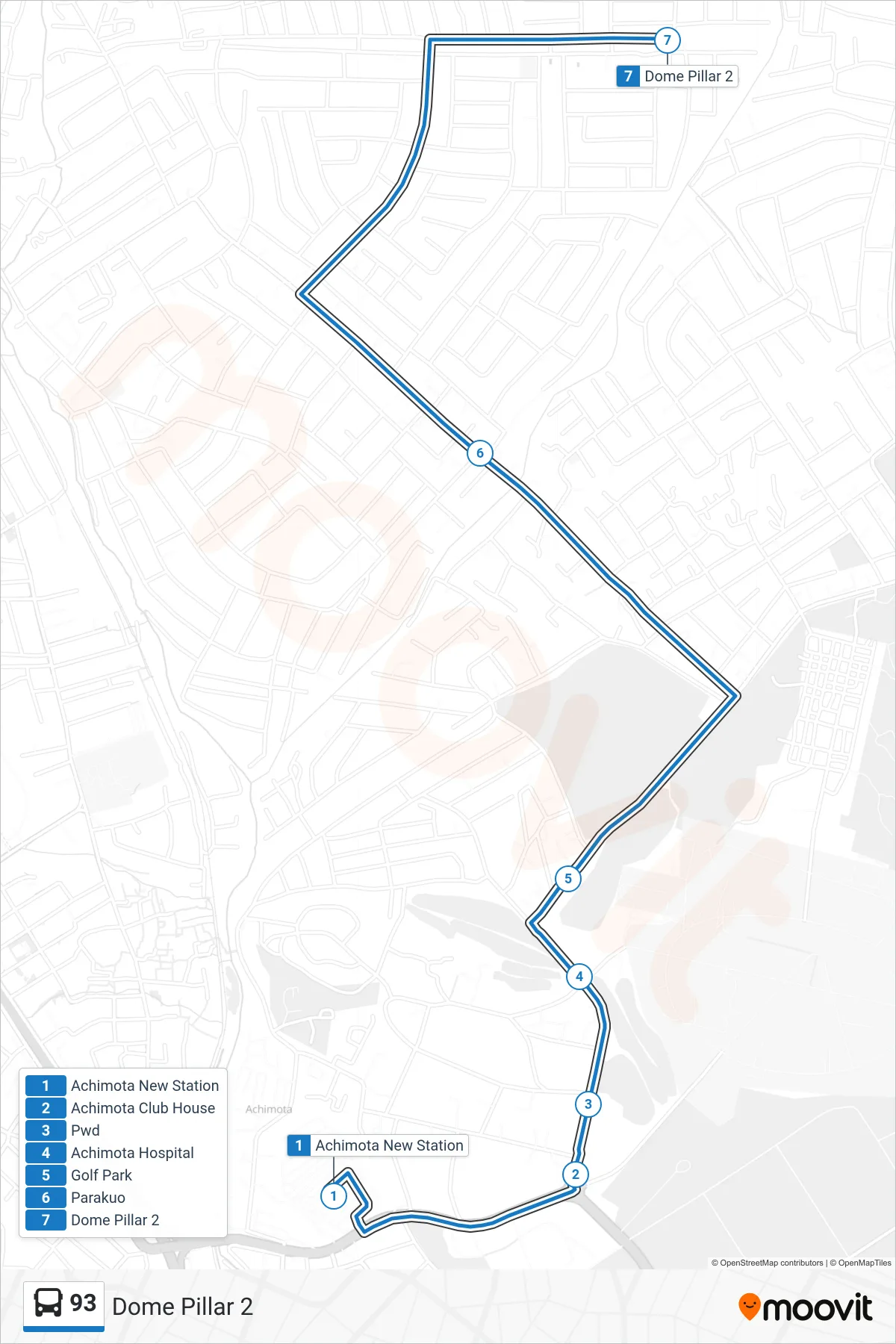 93 bus Line (Dome Pillar 2) route and stops on a map