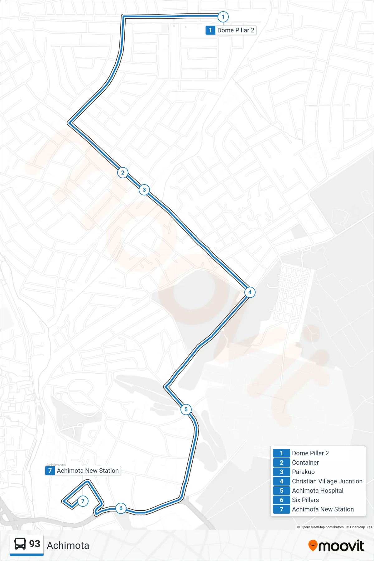 93 bus Line (Achimota) route and stops on a map