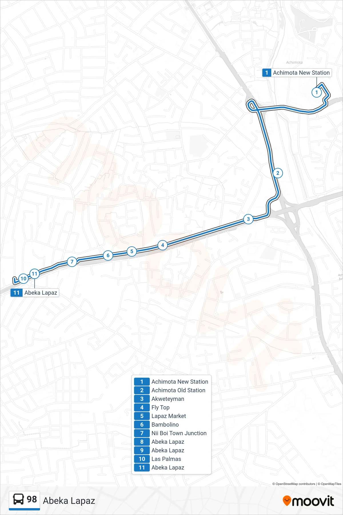 98 bus Line (Abeka Lapaz) route and stops on a map