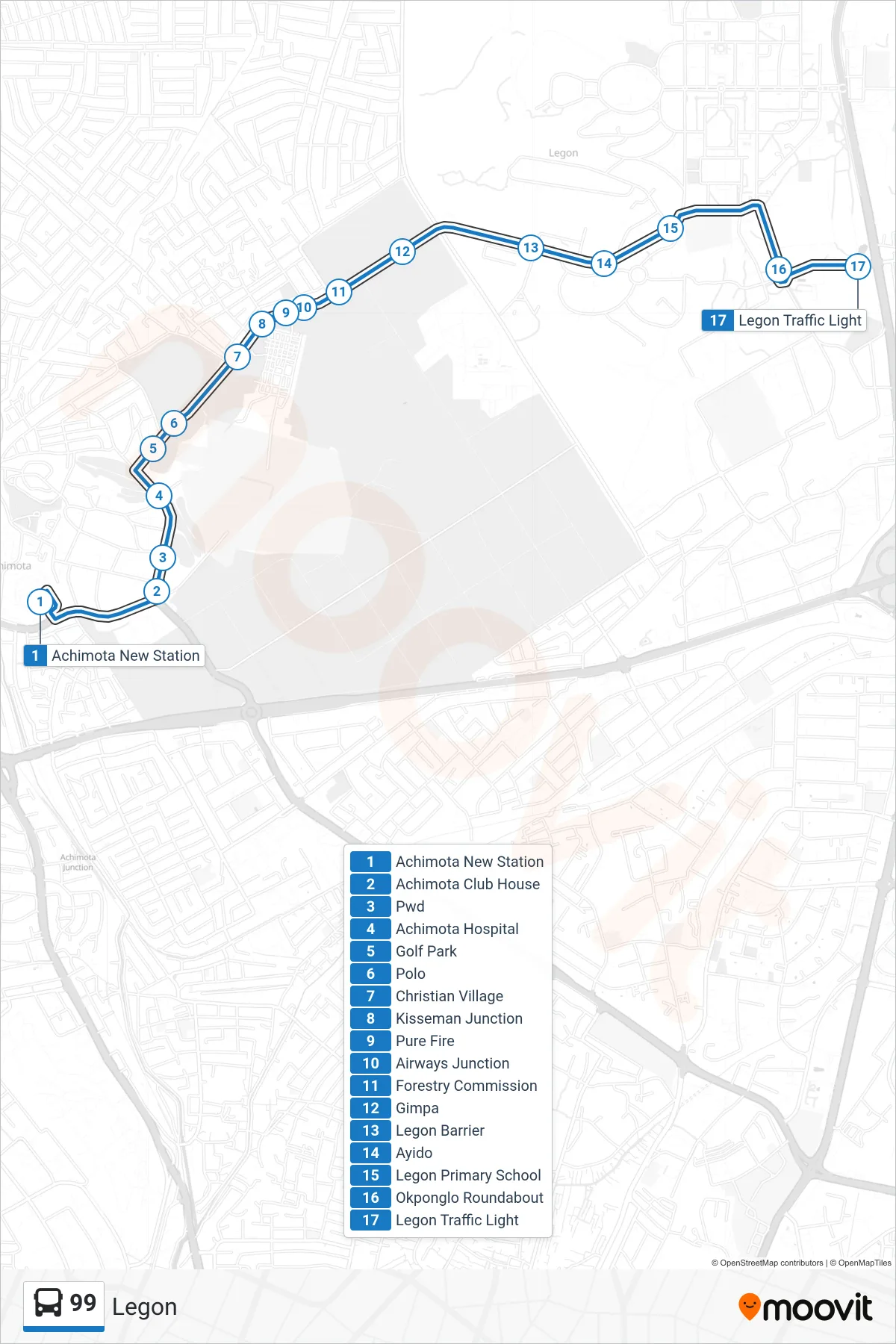99 bus Line (Legon) route and stops on a map