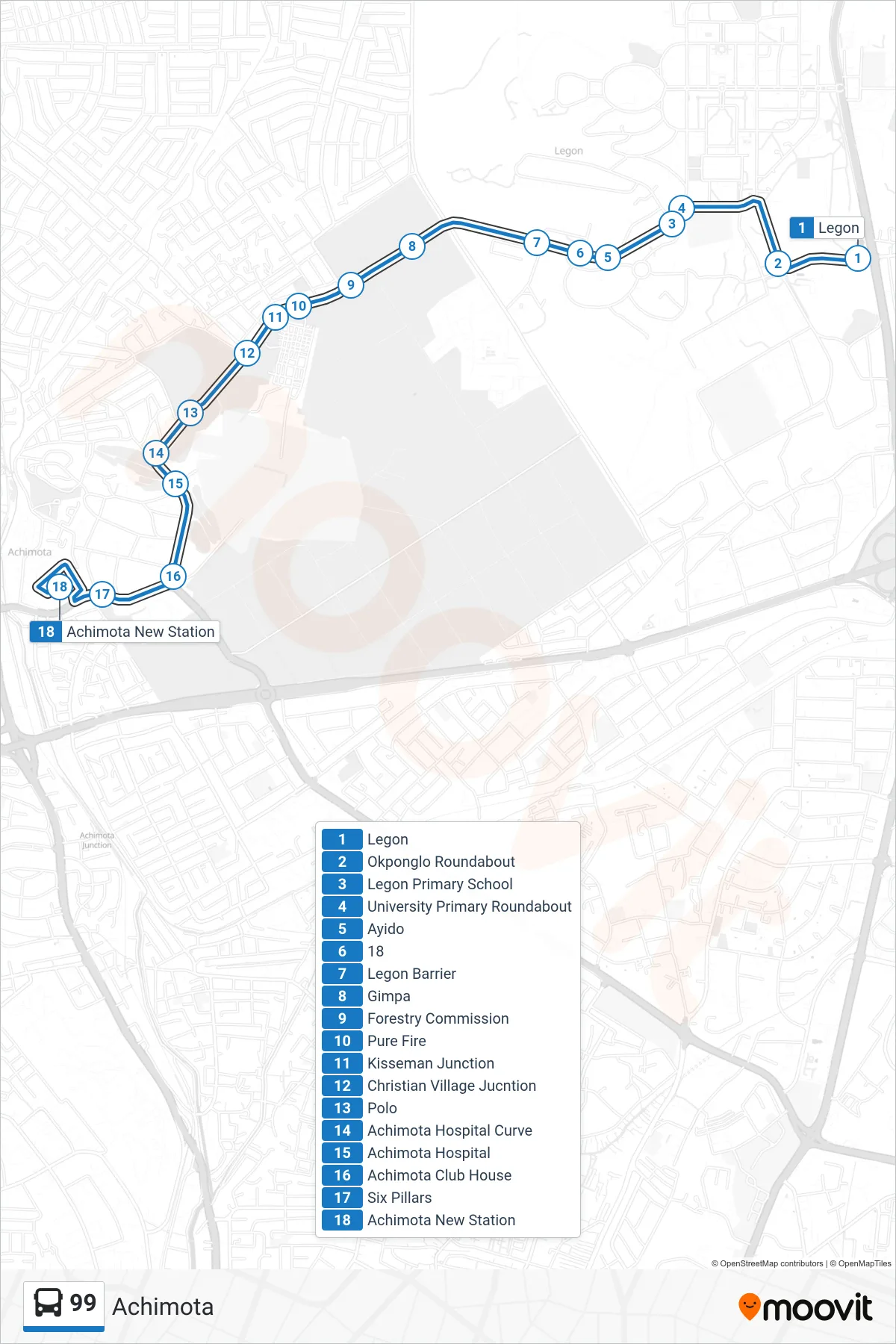 99 bus Line (Achimota) route and stops on a map