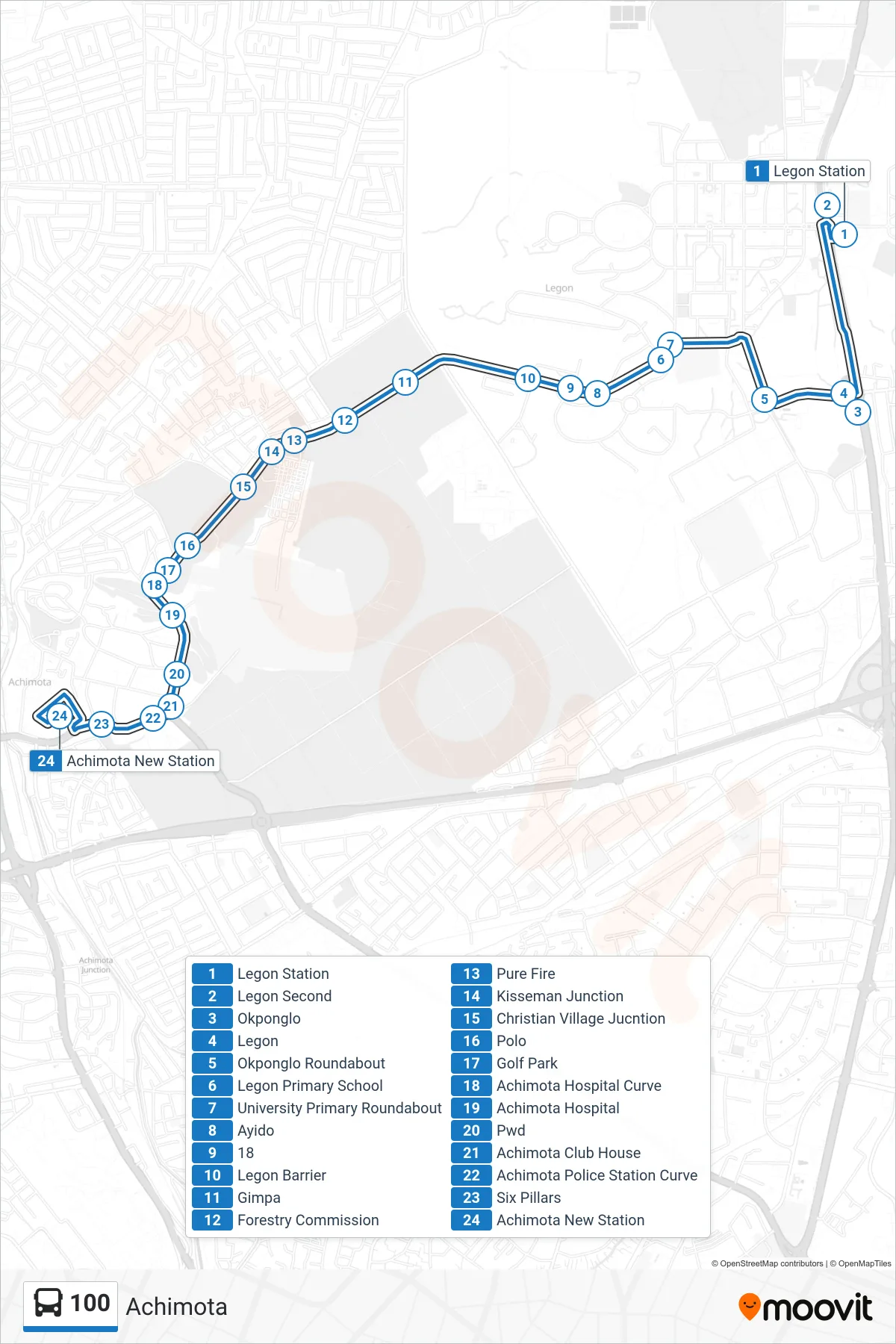 100 bus Line (Achimota) route and stops on a map
