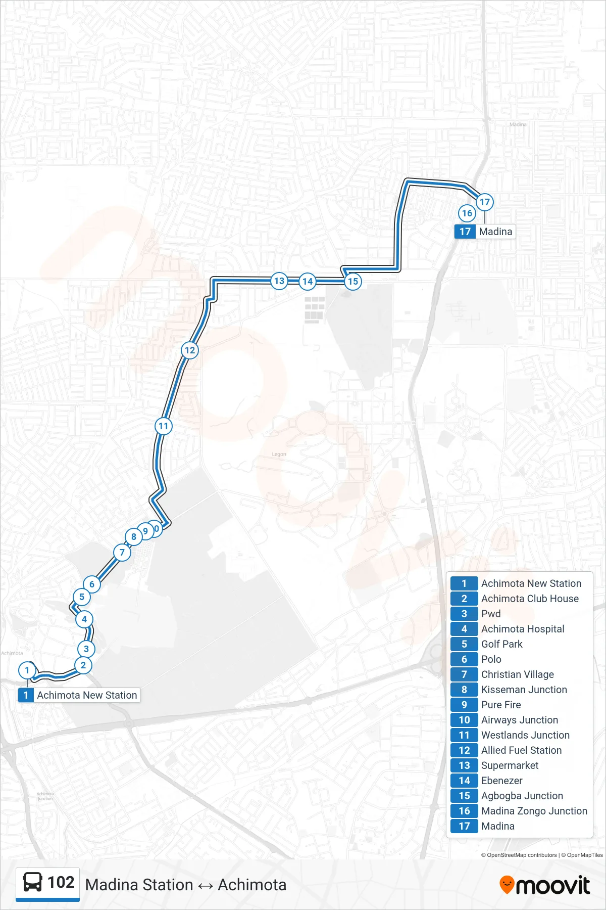 102 bus Line (Madina Station) route and stops on a map