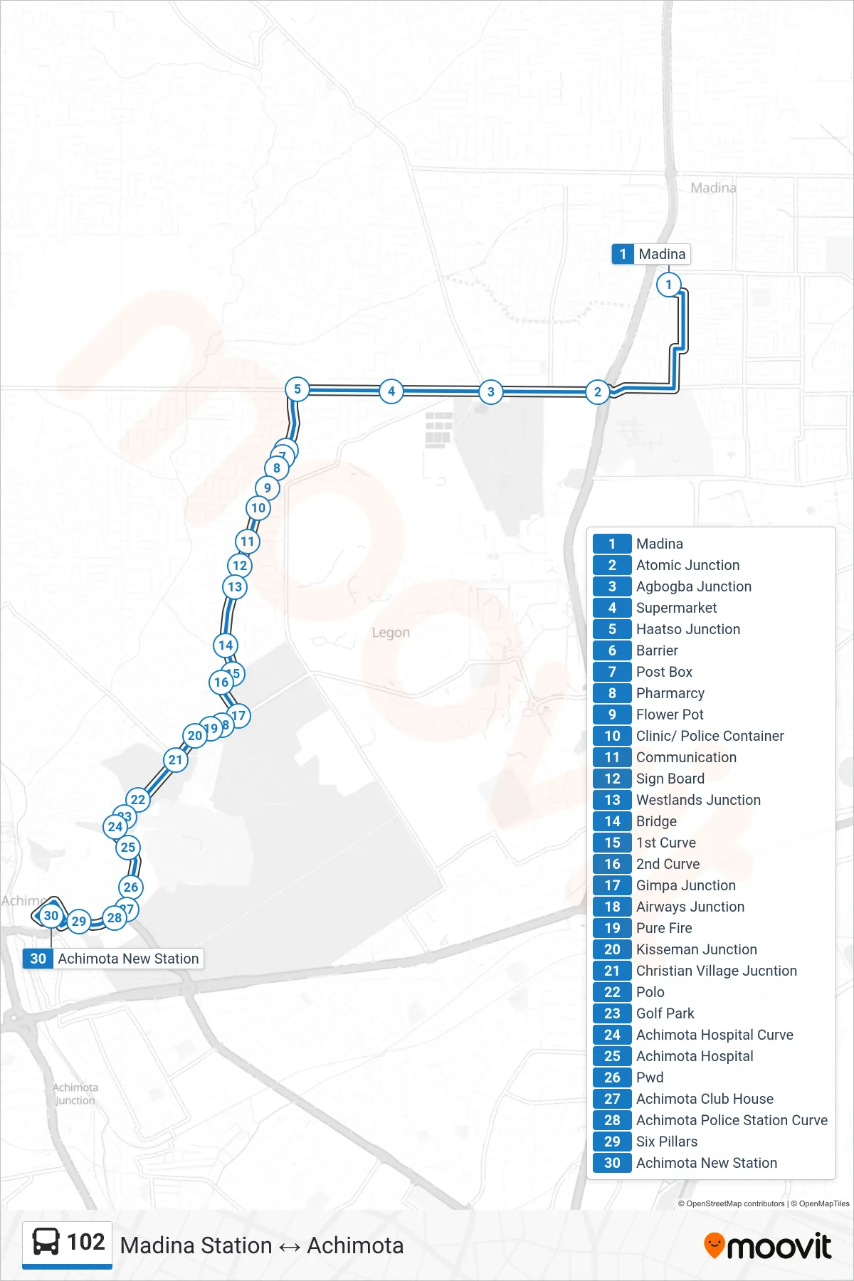 102 bus Line (Achimota) route and stops on a map