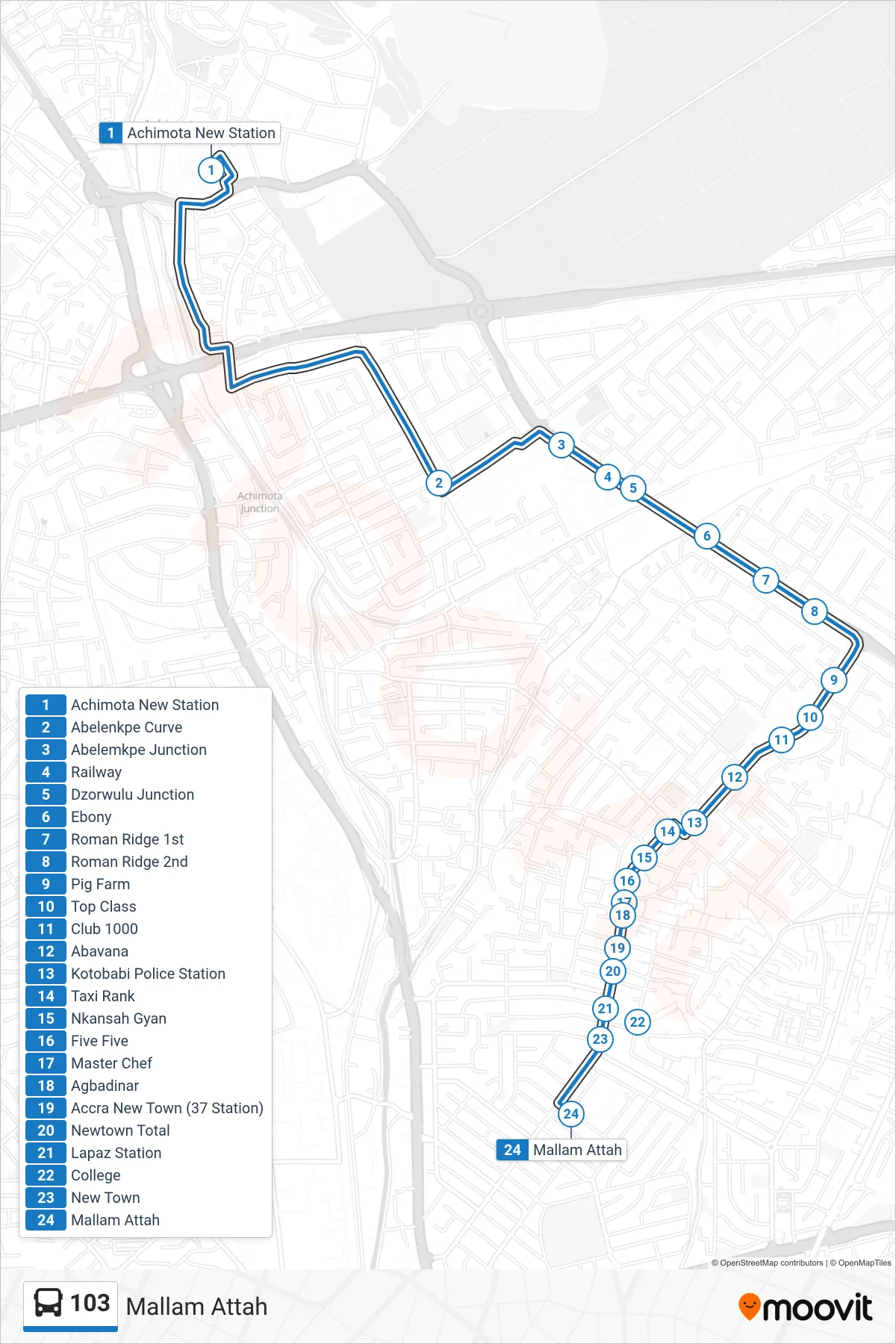 103 bus Line (Mallam Attah) route and stops on a map
