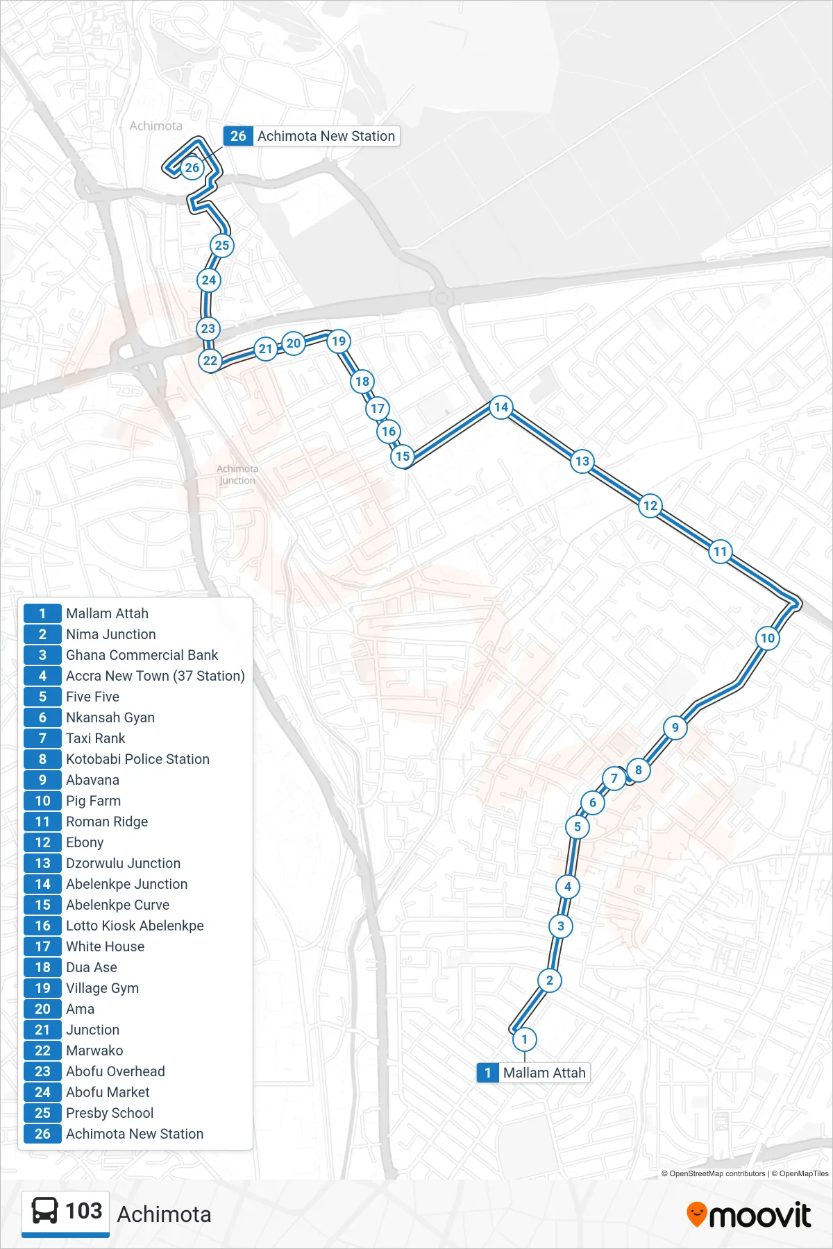 103 bus Line (Achimota) route and stops on a map