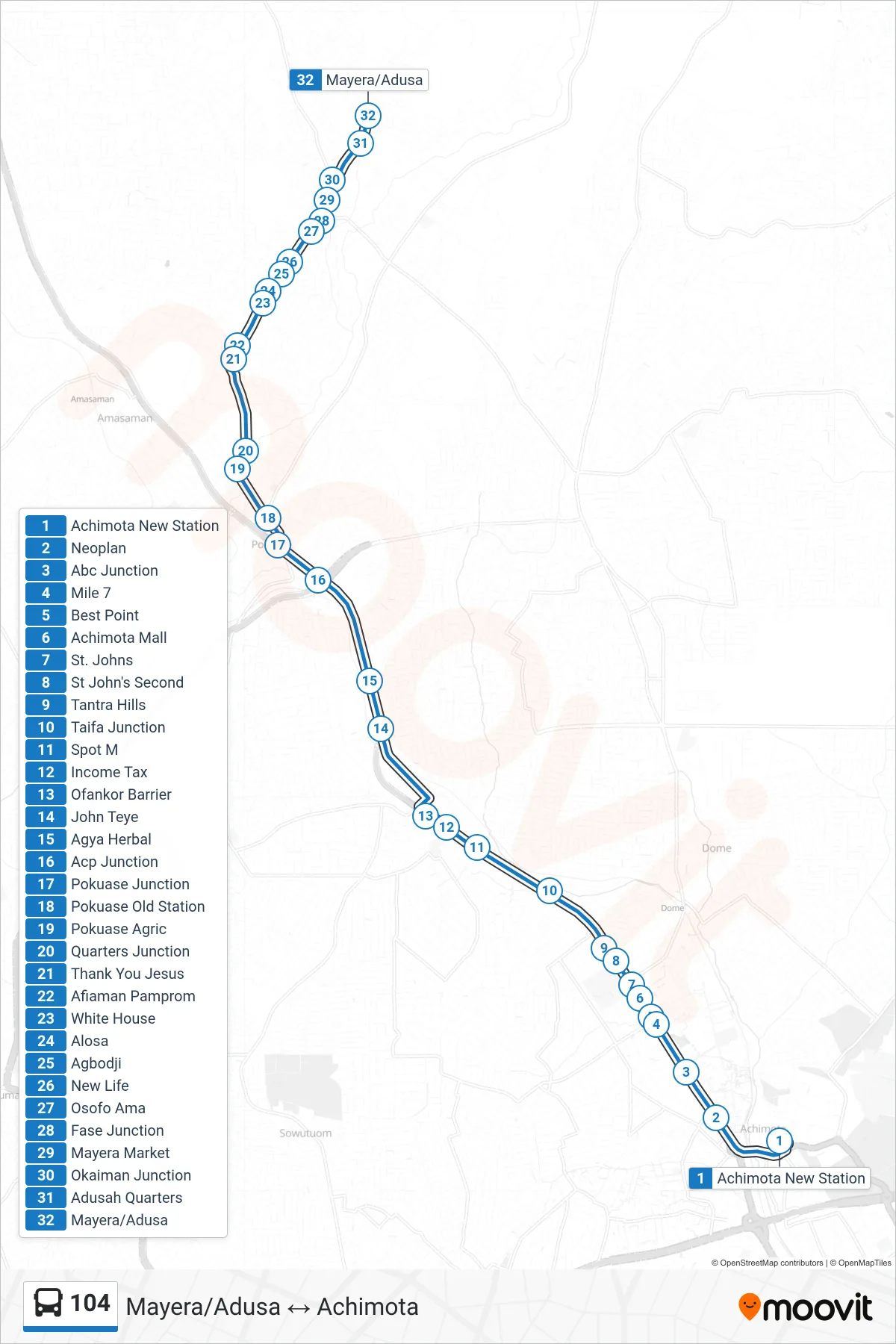 104 bus Line (Mayera/Adusa) route and stops on a map