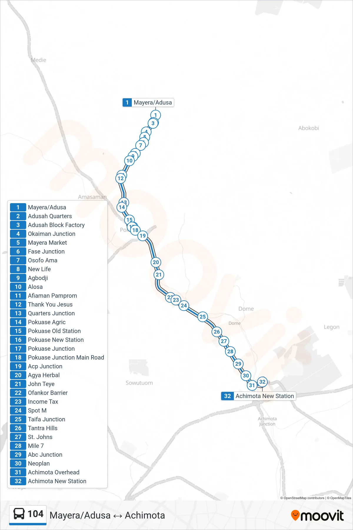 104 bus Line (Achimota) route and stops on a map
