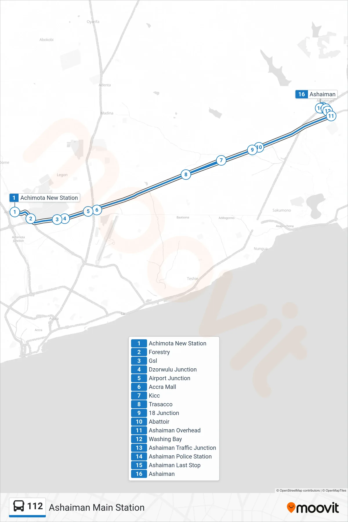 112 bus Line (Ashaiman Main Station) route and stops on a map