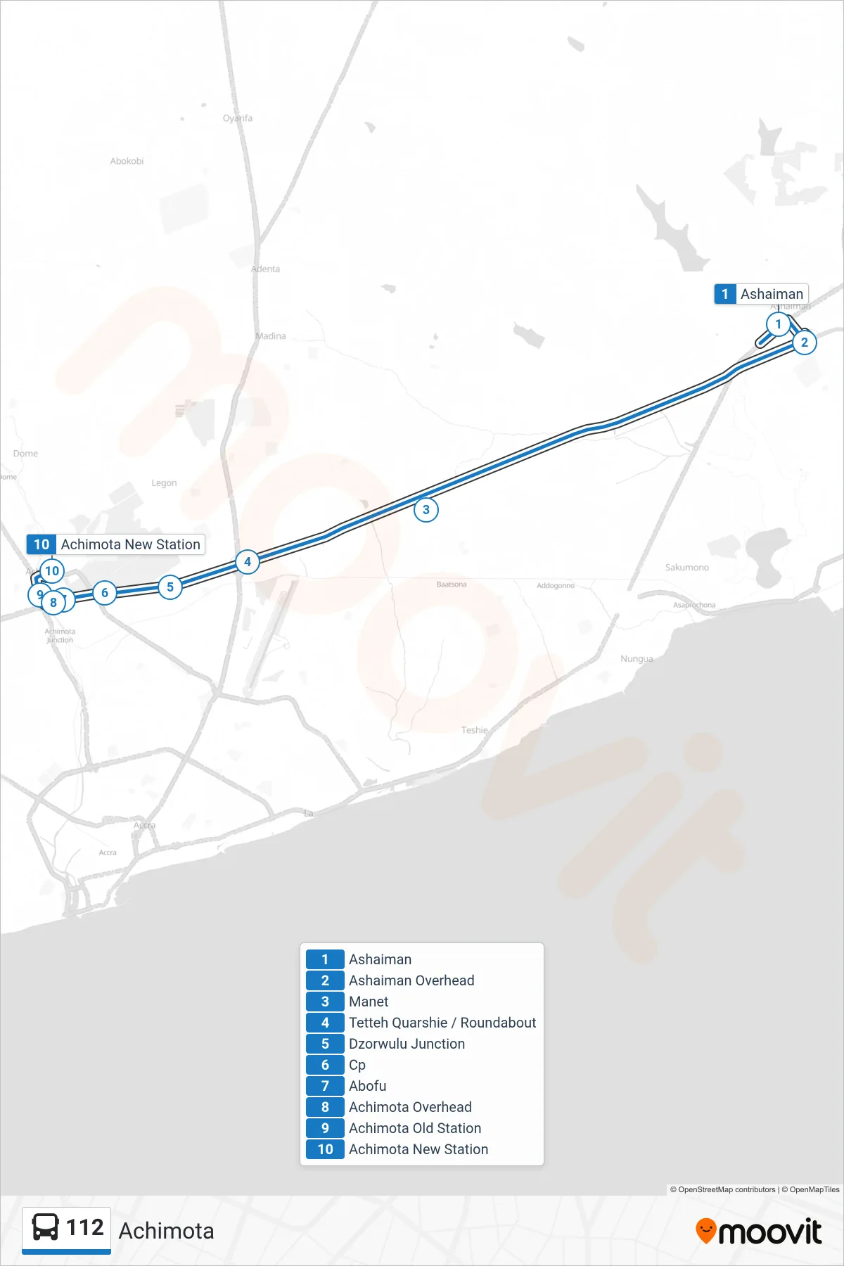 112 bus Line (Achimota) route and stops on a map