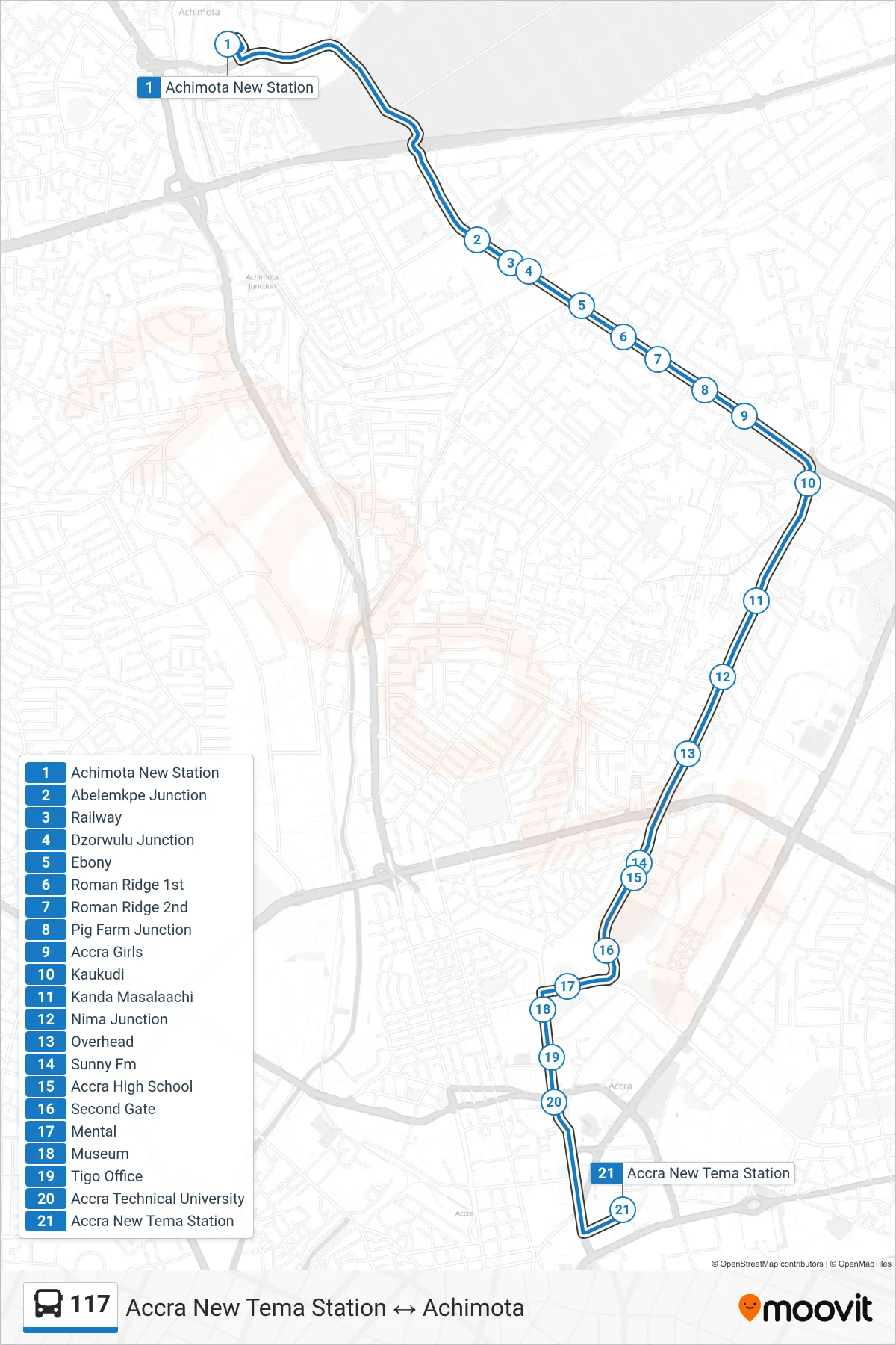 117 bus Line (Accra New Tema Station) route and stops on a map