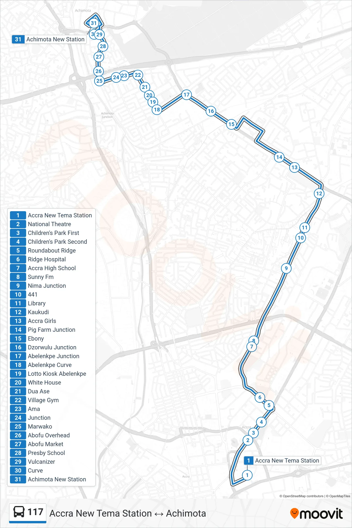 117 bus Line (Achimota) route and stops on a map