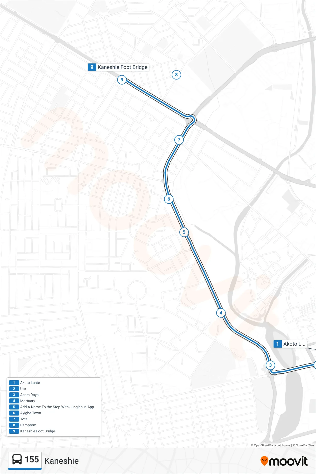 155 bus Line (Kaneshie) route and stops on a map