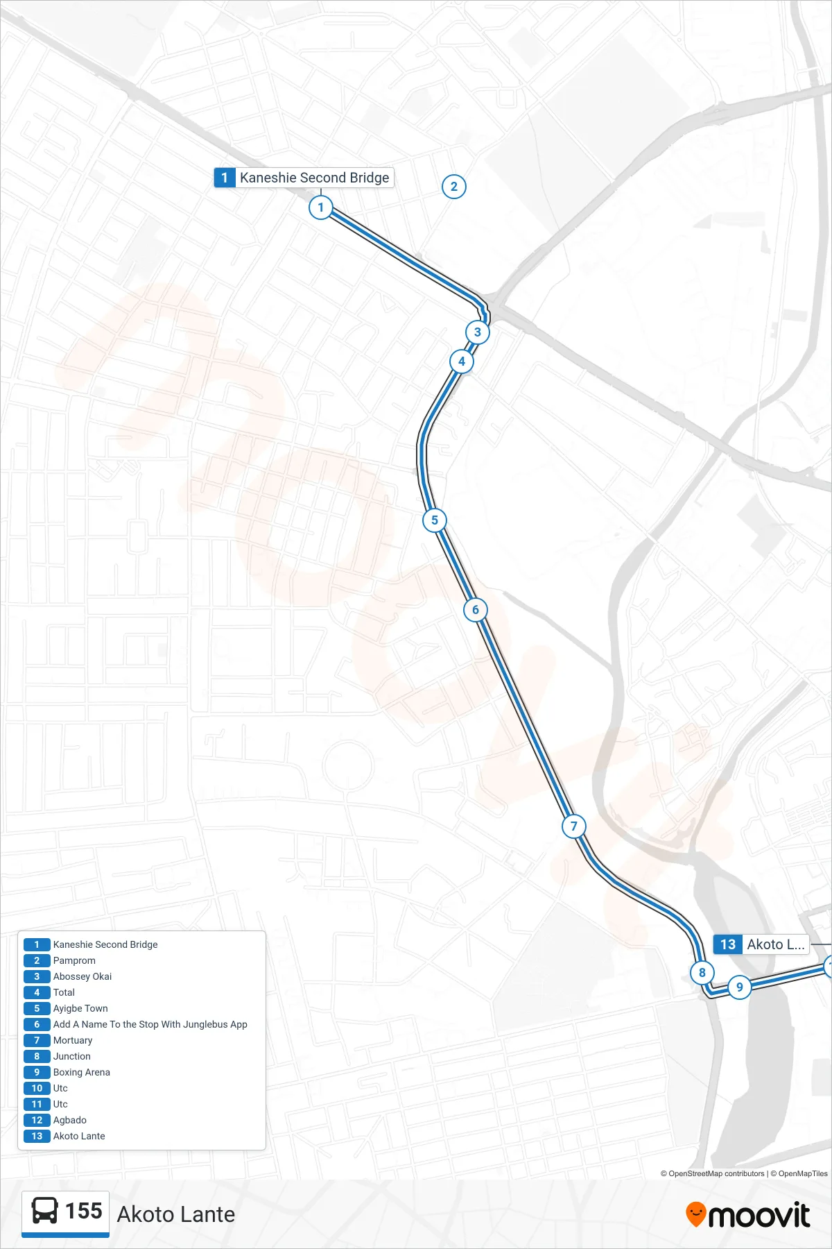 155 bus Line (Akoto Lante) route and stops on a map