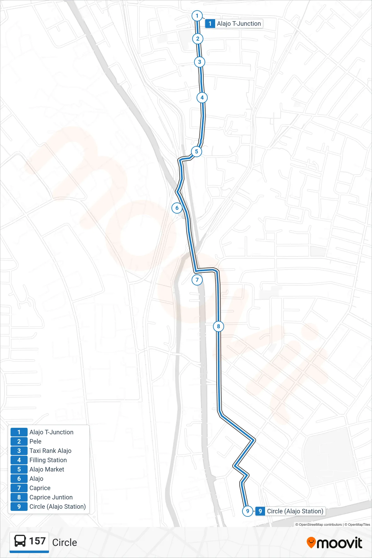 157 bus Line (Circle) route and stops on a map