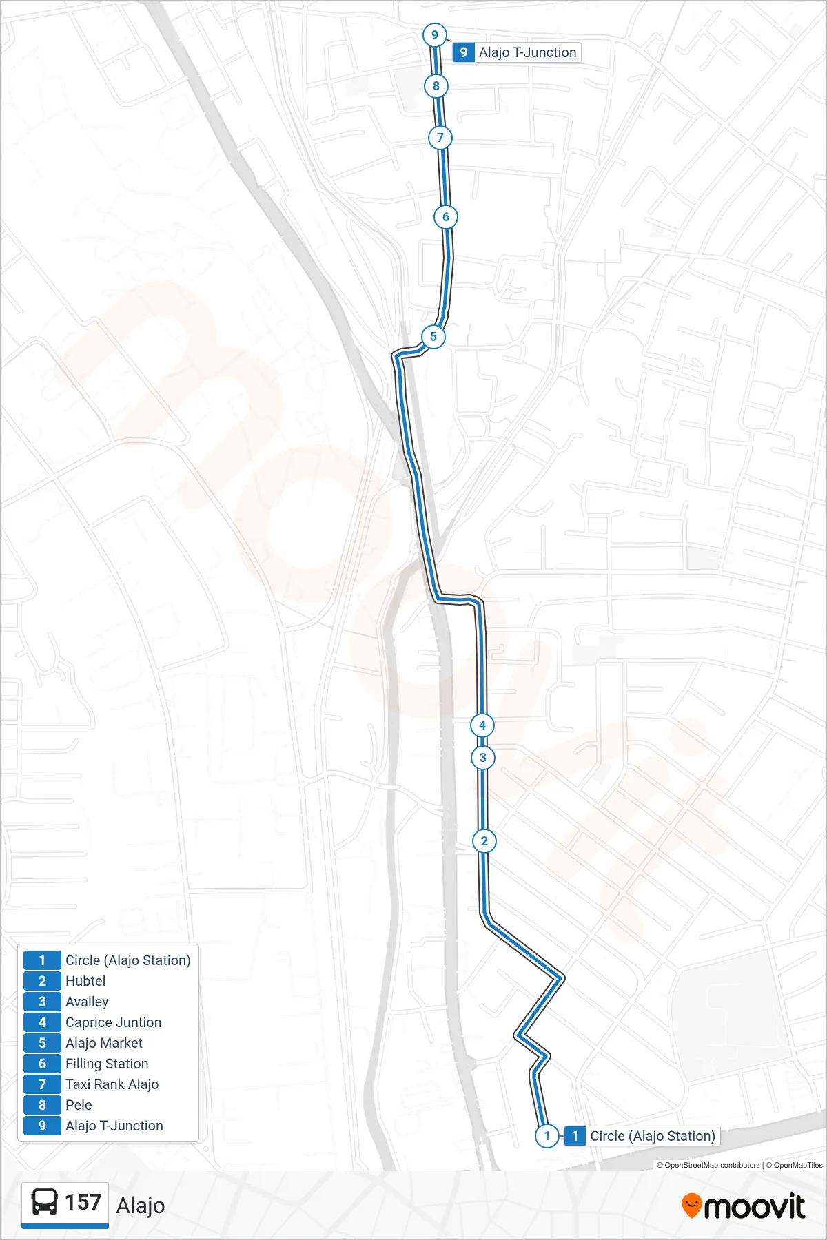 157 bus Line (Alajo) route and stops on a map