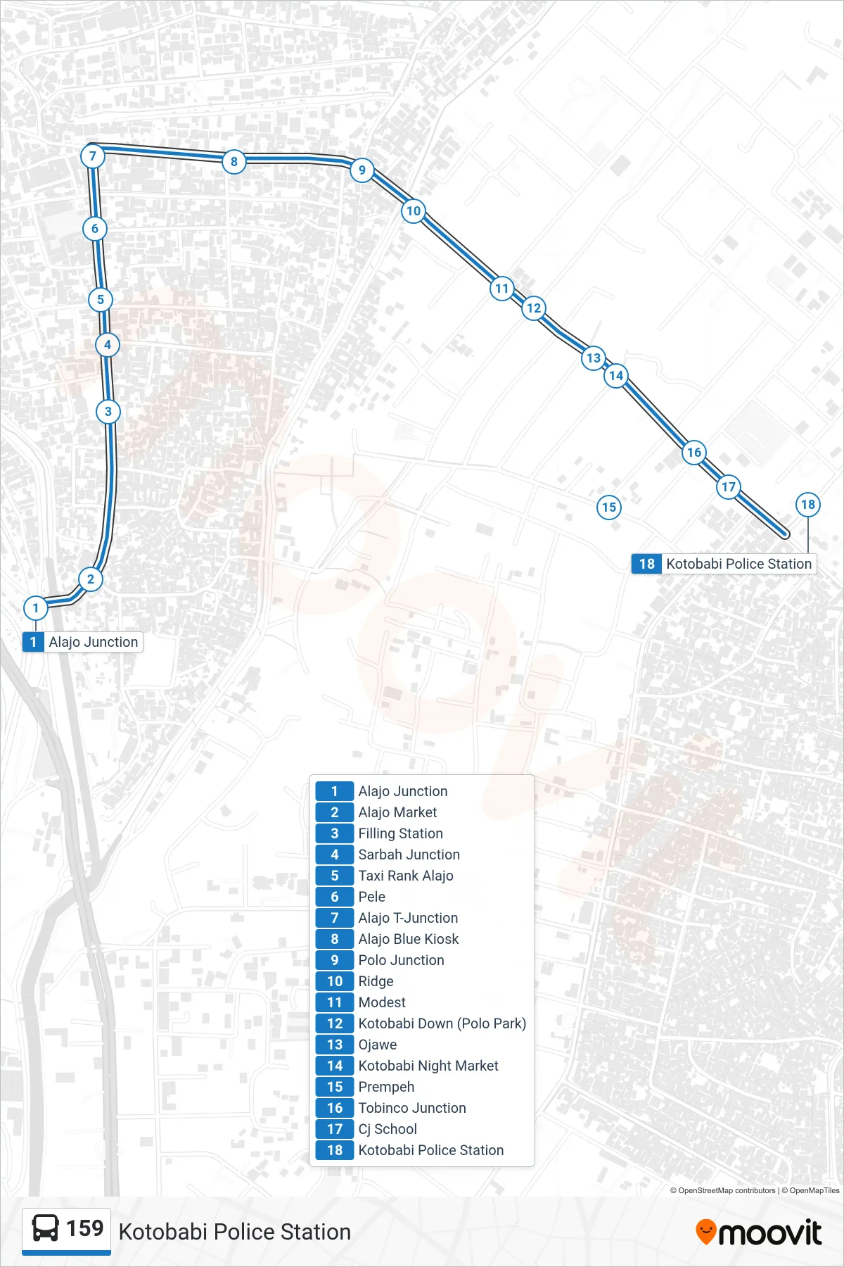 159 bus Line (Kotobabi Police Station) route and stops on a map
