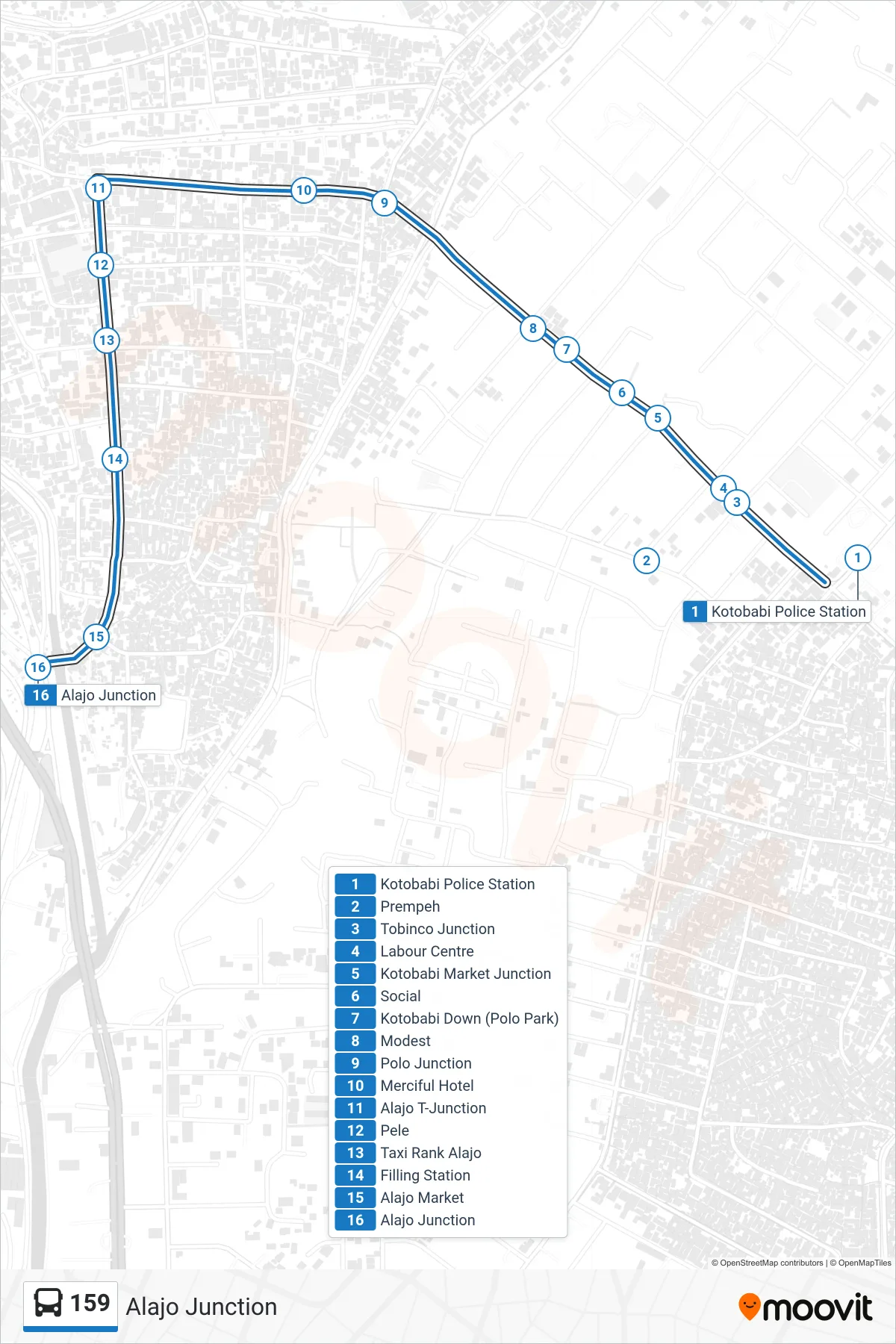 159 bus Line (Alajo Junction) route and stops on a map