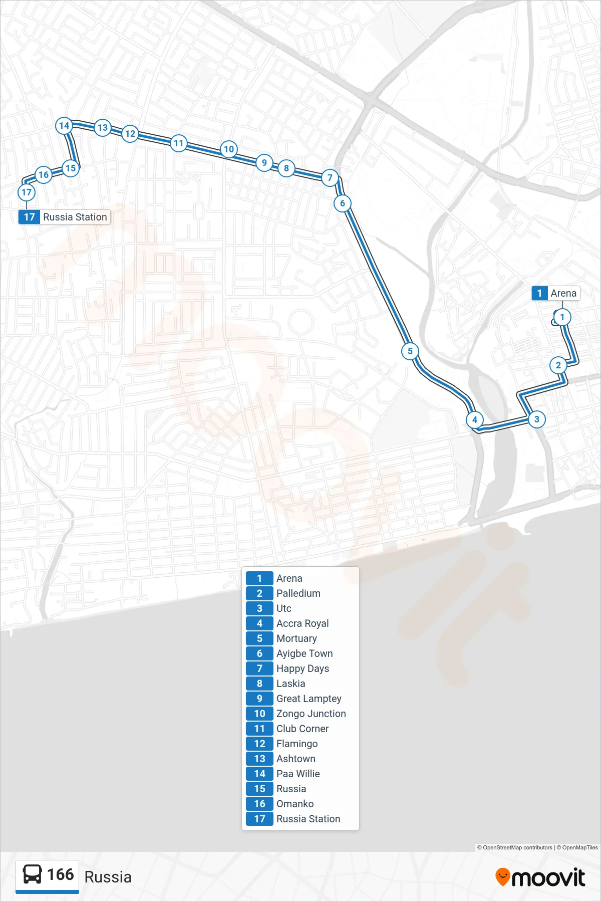 166 bus Line (Russia) route and stops on a map