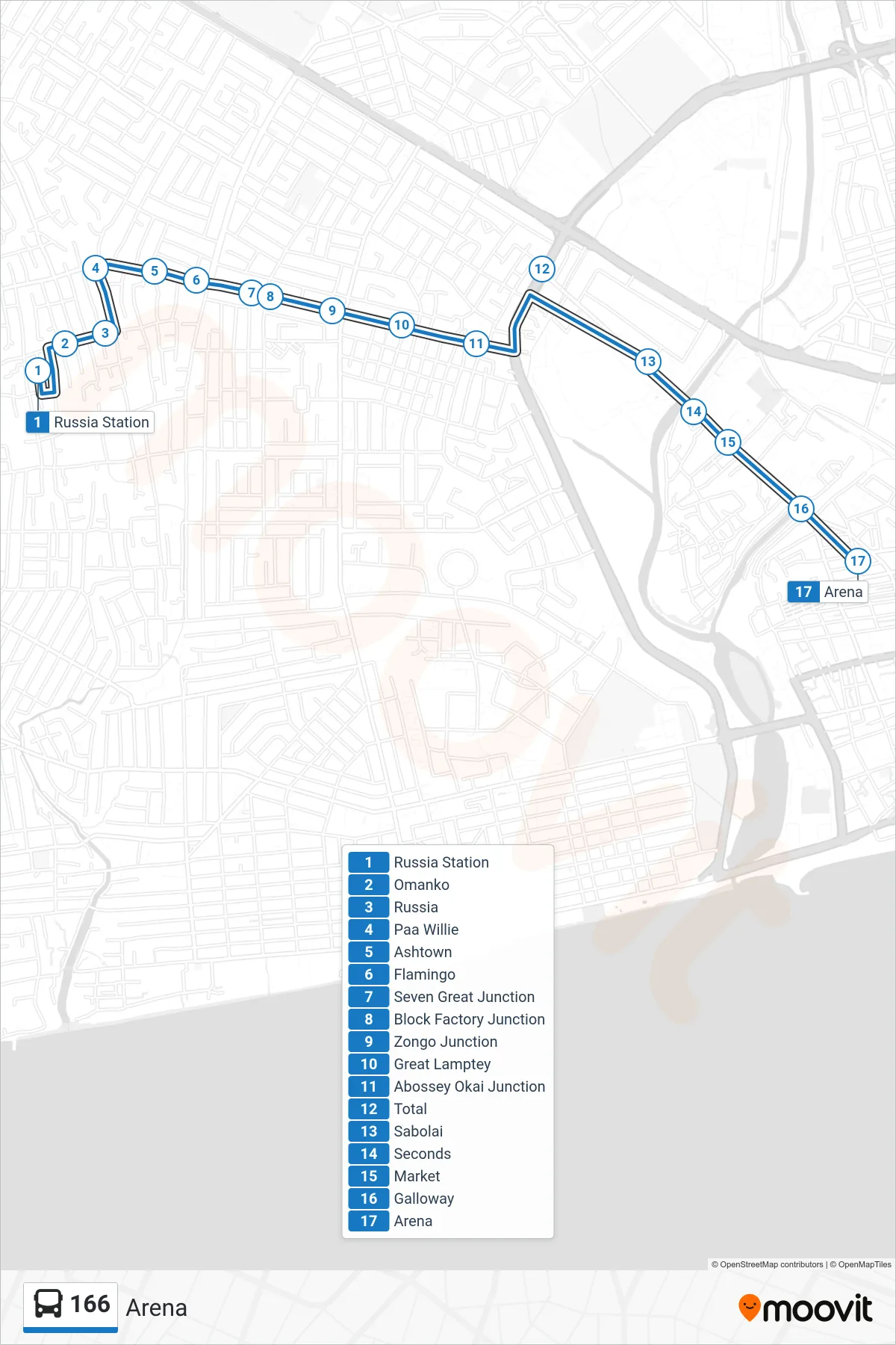 166 bus Line (Arena) route and stops on a map