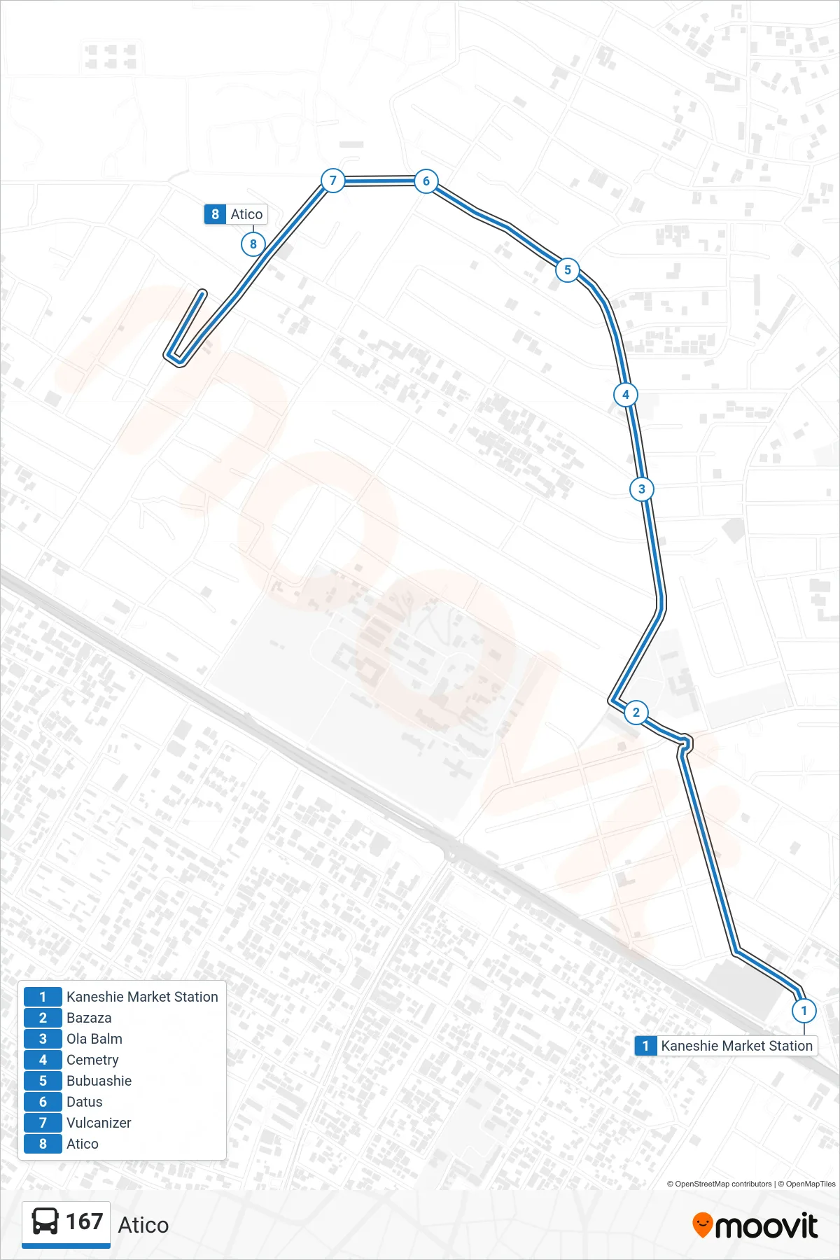167 bus Line (Atico) route and stops on a map