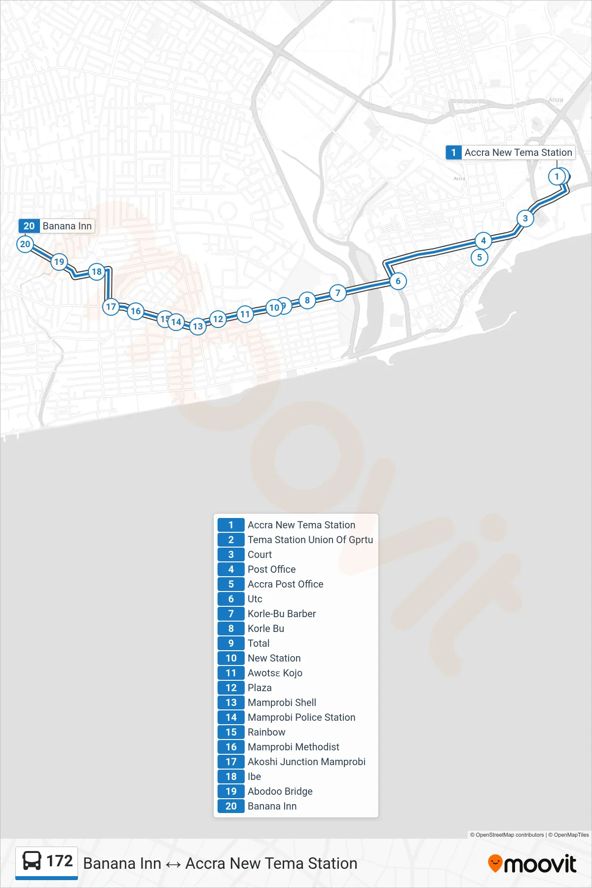 172 bus Line (Banana Inn) route and stops on a map